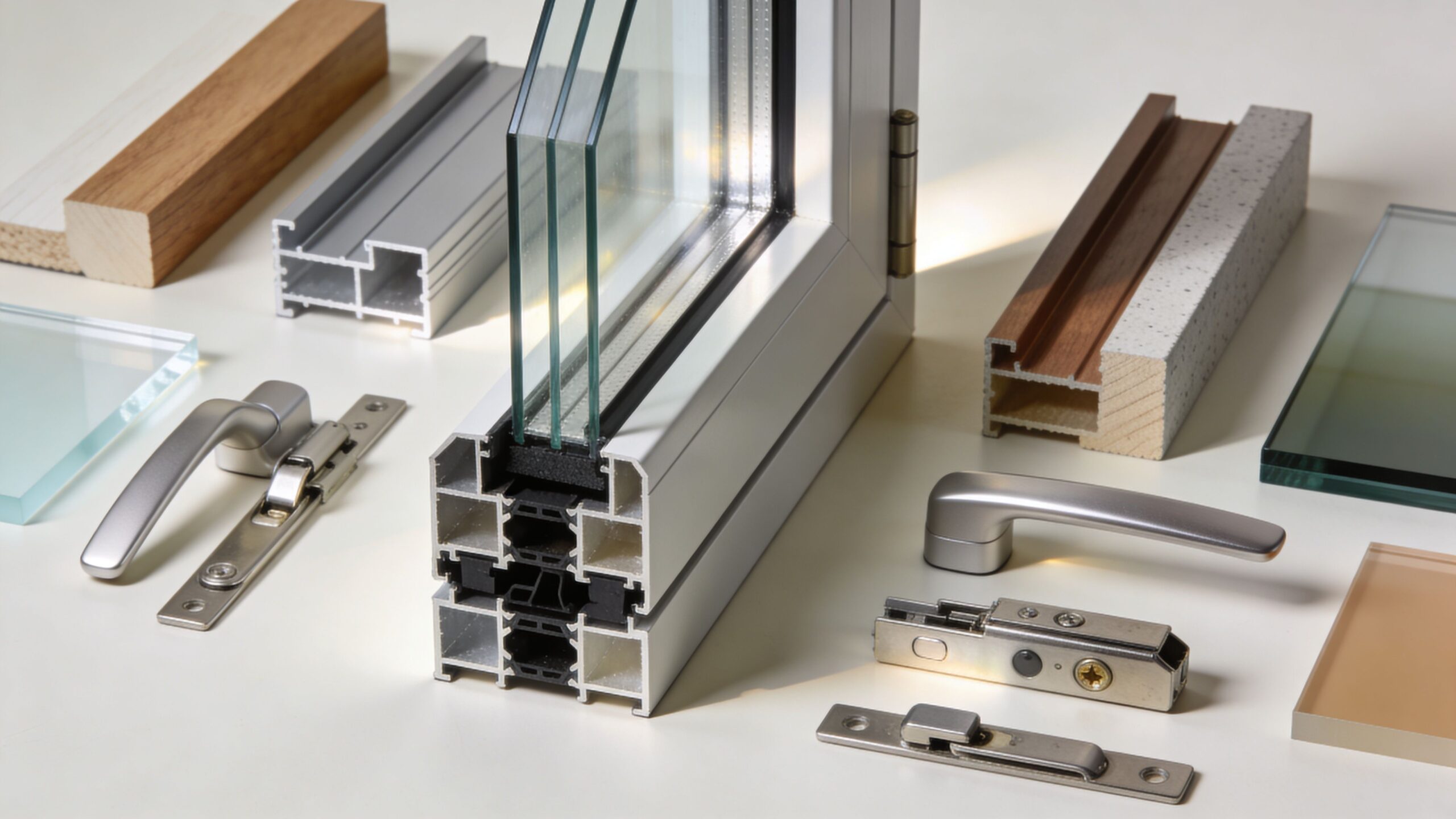 Et udvalg af vindueskomponenter og materialer inklusive rammer, håndtag og glas til moderne vindueskonstruktioner på en flade.