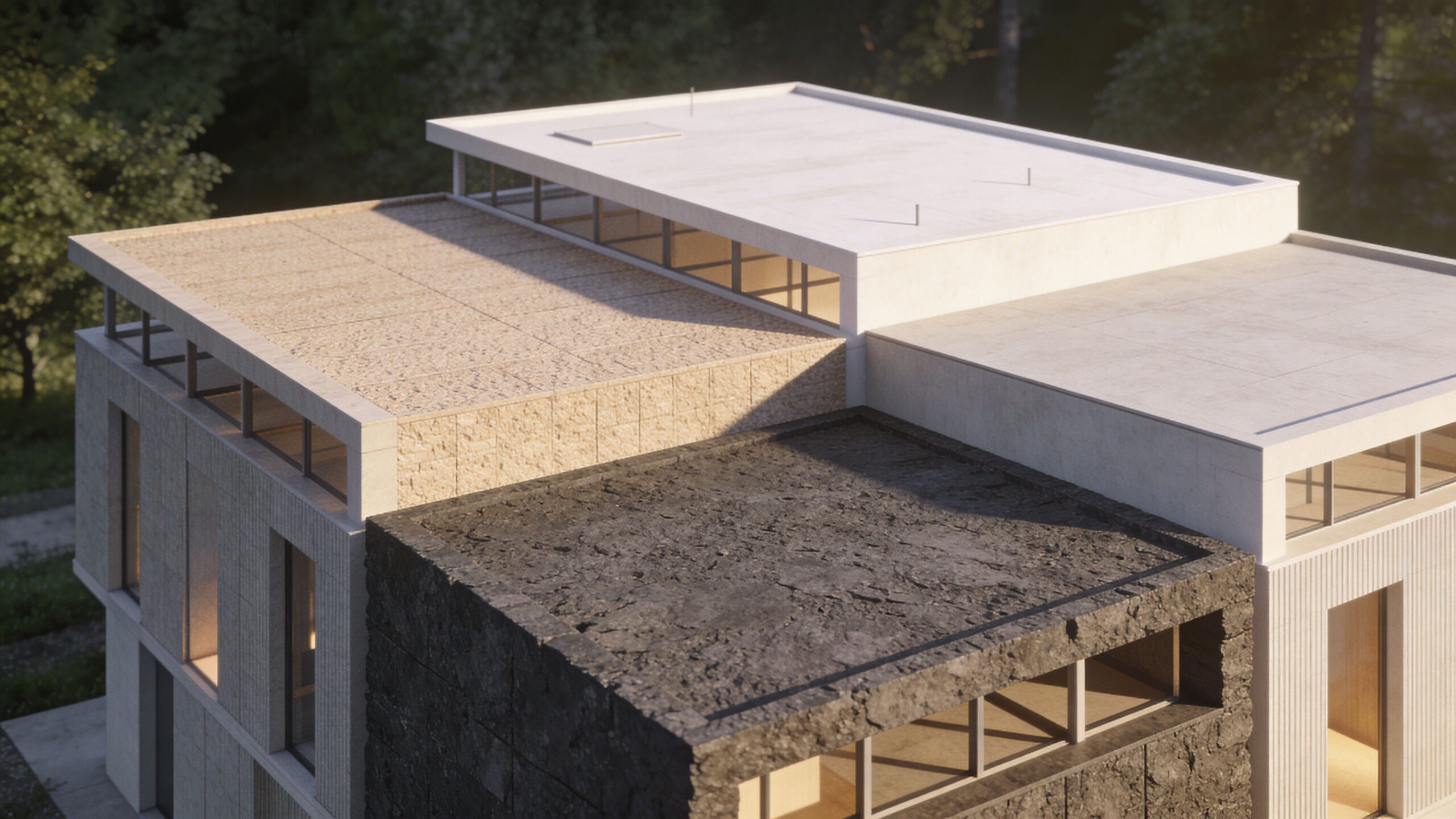 Et moderne arkitektonisk hus med forskellige teksturer og flade tage set fra en høj vinkel.