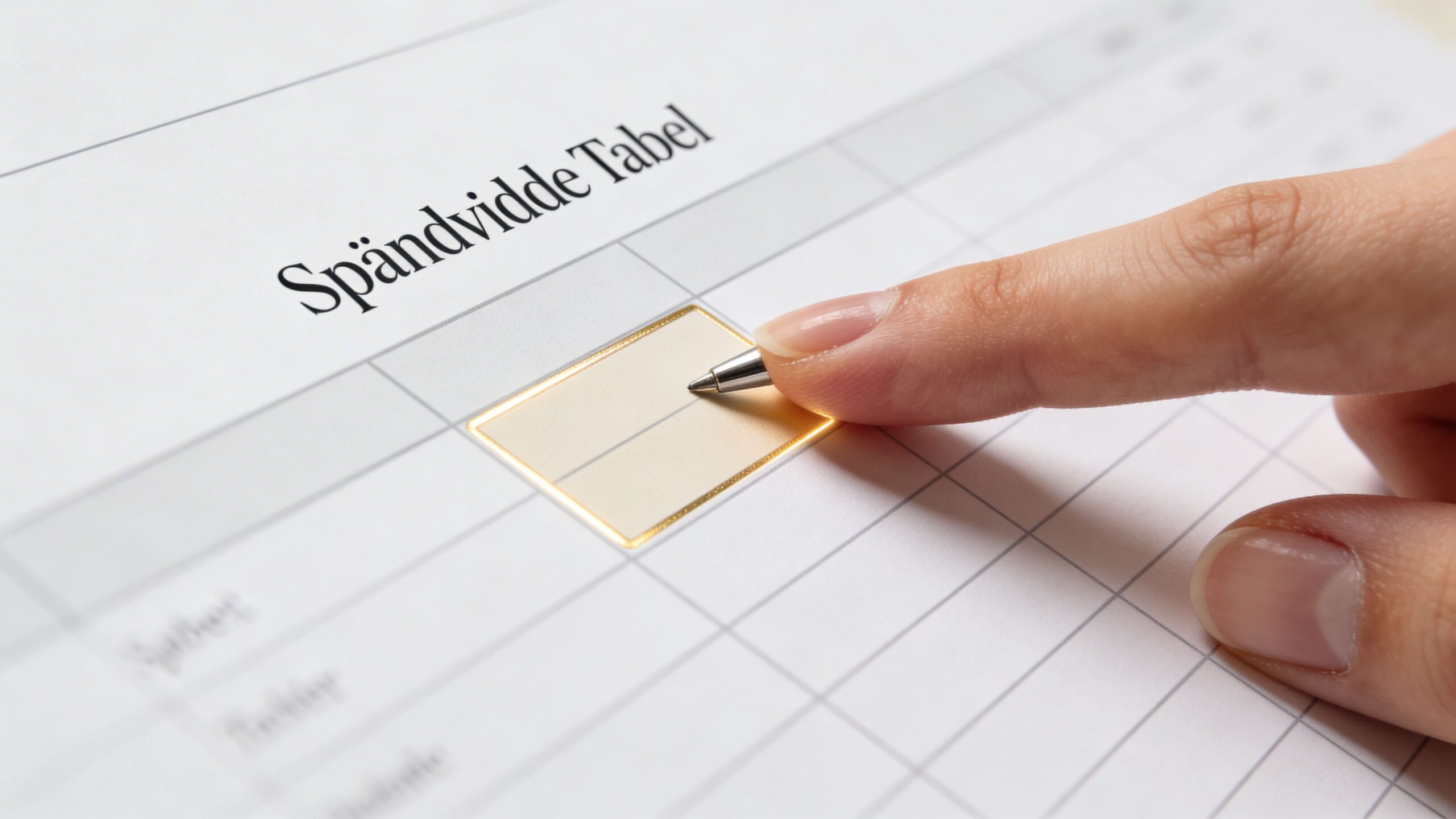 En hånd holder en kuglepen over en tom celle i en spændviddetabel til spærkonstruktioner.