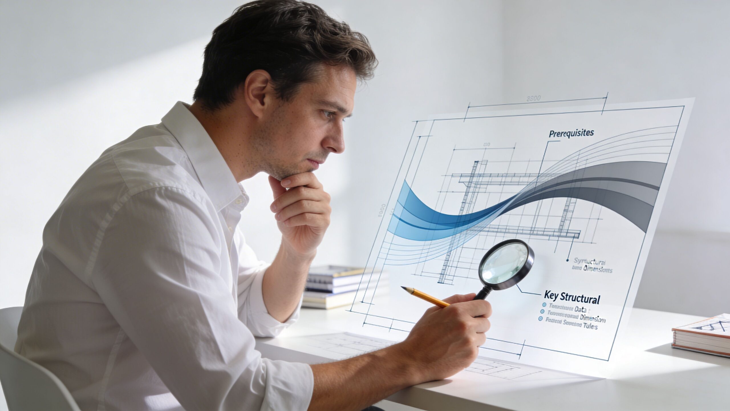 En mand studerer tekniske tegninger af spær dimensioner med et forstørrelsesglas ved et lyst skrivebord.