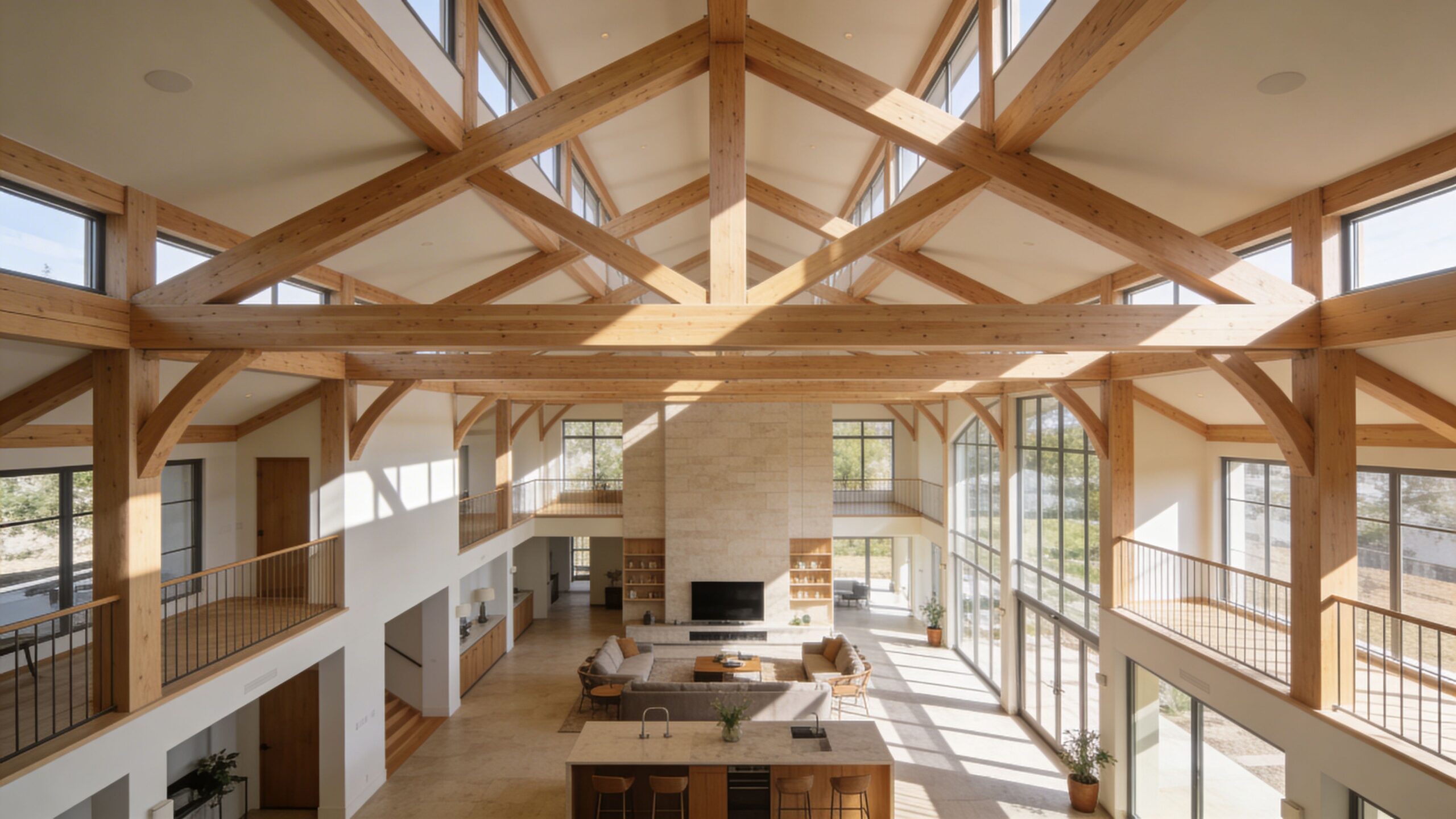 En rummelig stue med højt til loftet, synlige træspær og en stor stenpejs i et moderne hjem.