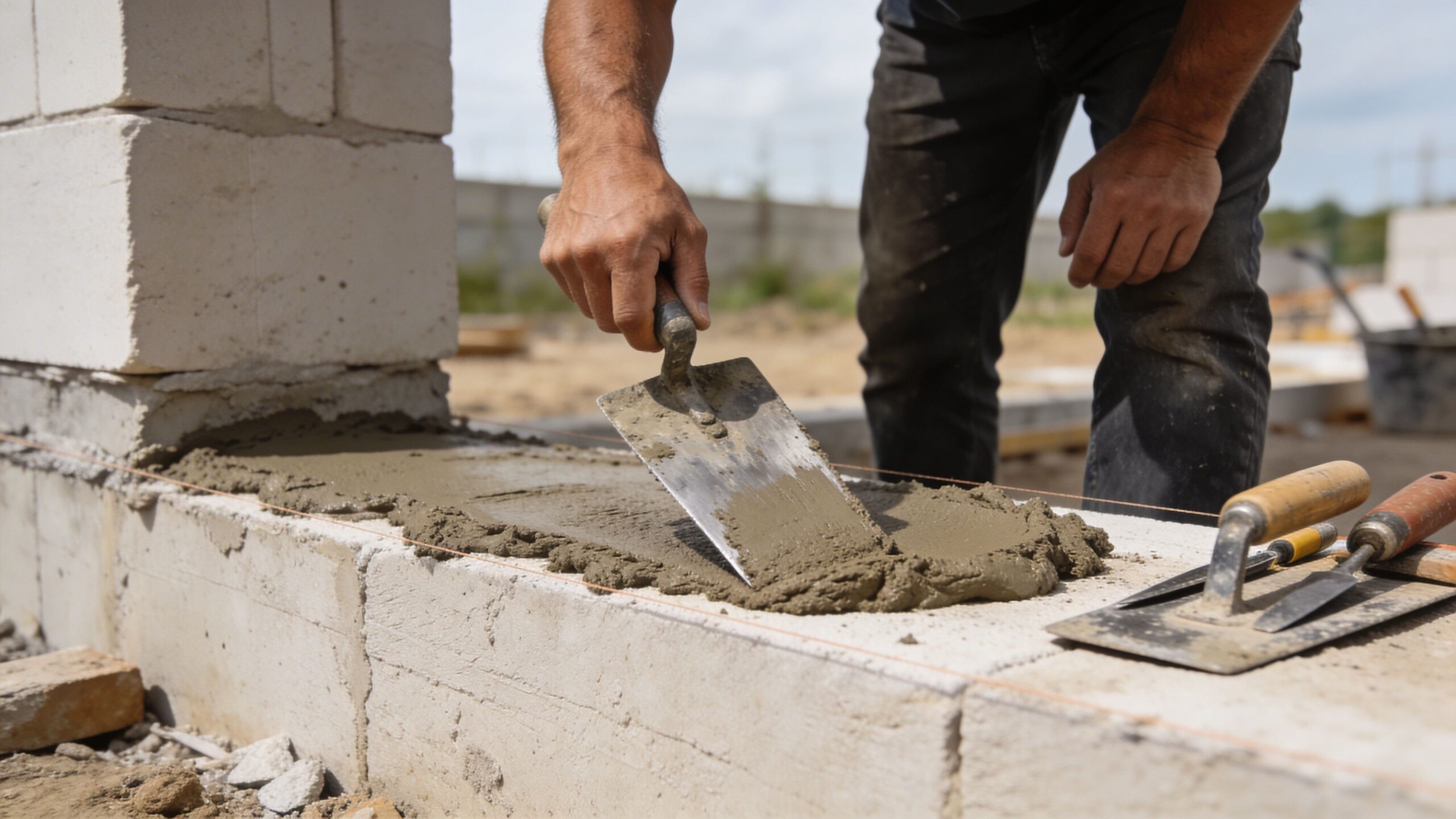 En murer arbejder på at påføre mørtel på fundamentet med en murske under byggeri af en væg