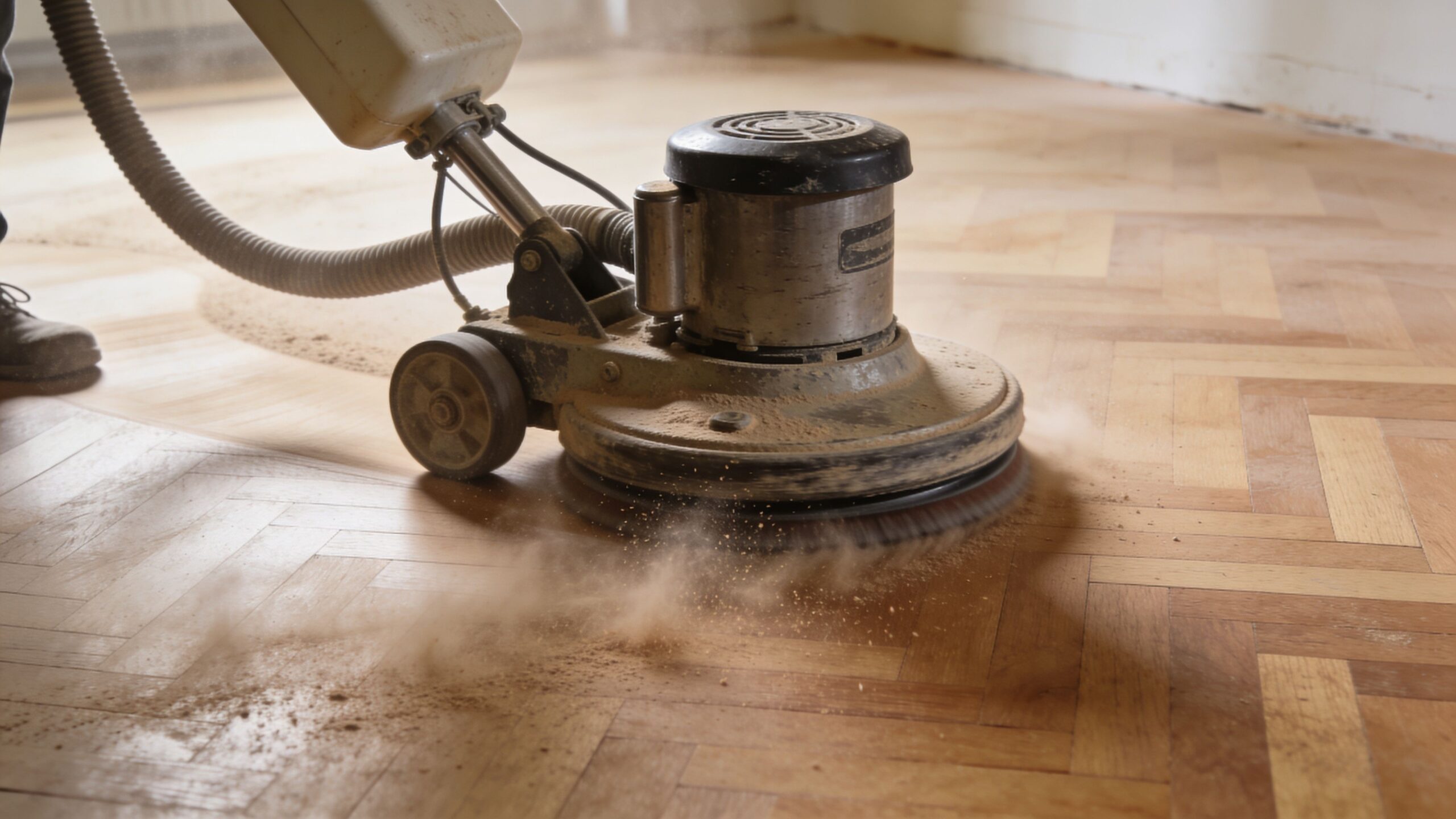 En professionel maskine der er i gang med slibning af trægulv med et flot sildebensmønster i boligen.