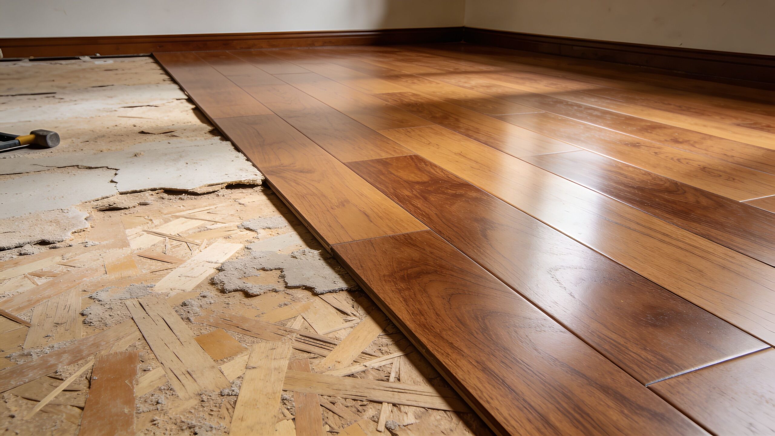 Et igangværende renoveringsprojekt af et gulv, hvor nye træplanker lægges oven på det eksisterende undergulv.