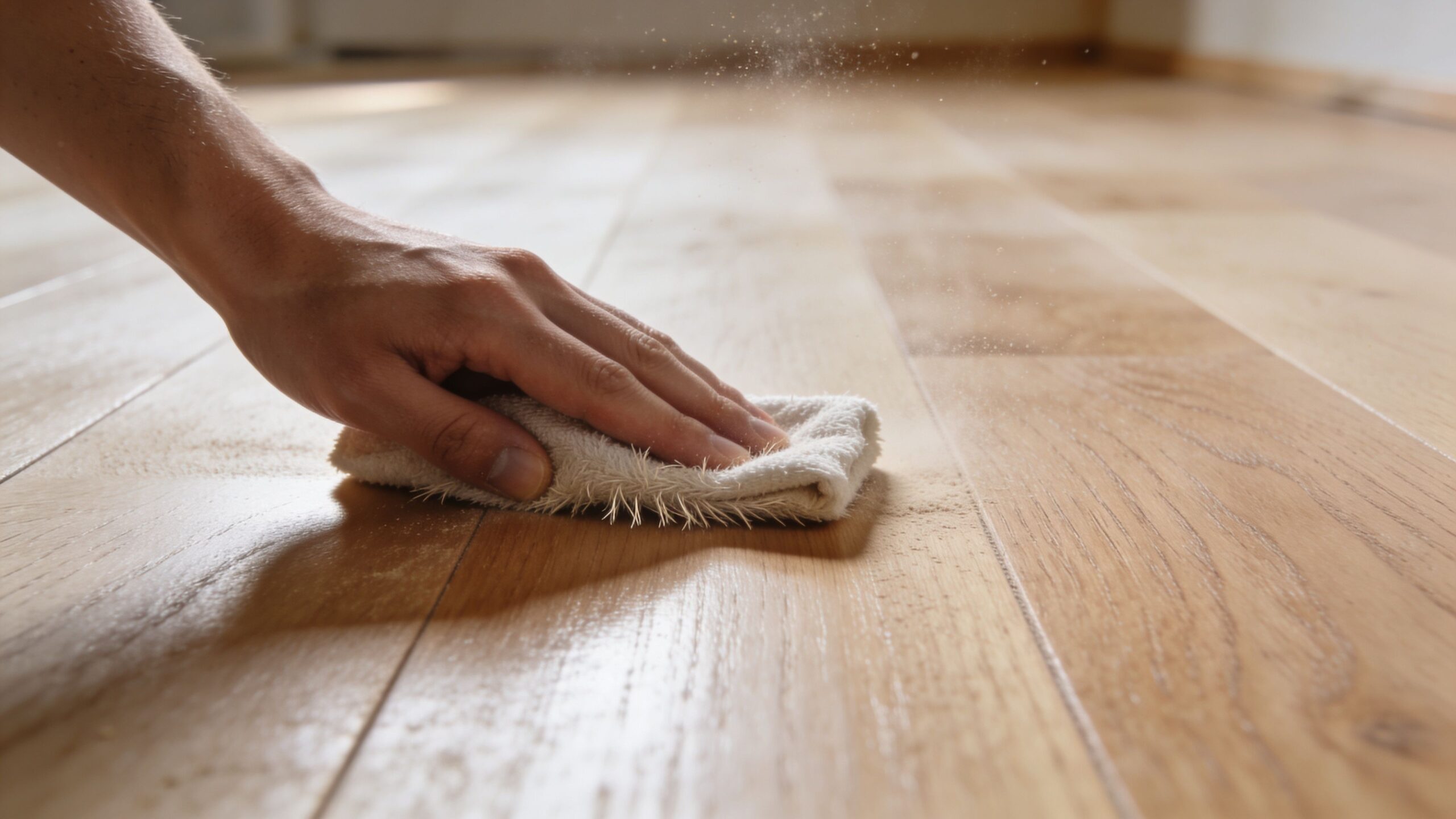 En person, der manuelt sliber et trægulv med en klud for at fjerne støv og forberede overfladen.