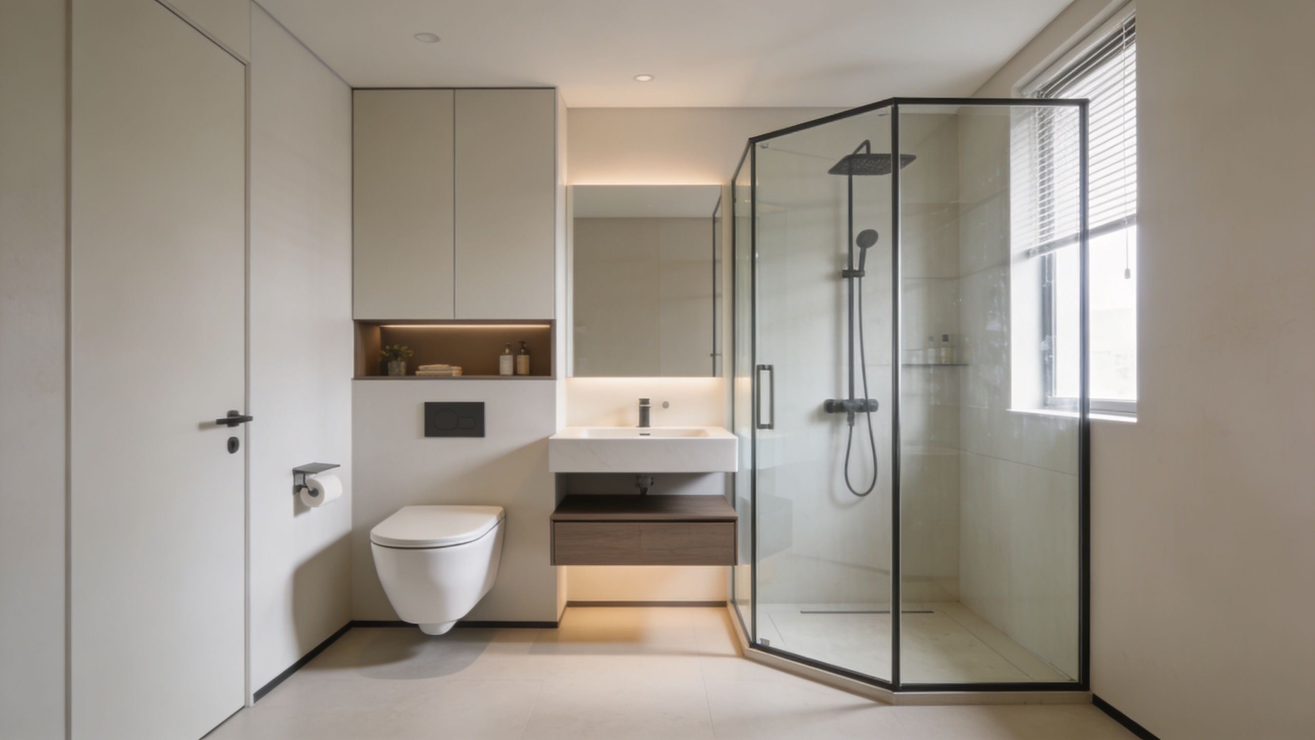 Moderne badeværelse med hvidt væghængt toilet, håndvask med underskab, spejl og rummelig brusekabine i et lyst design.