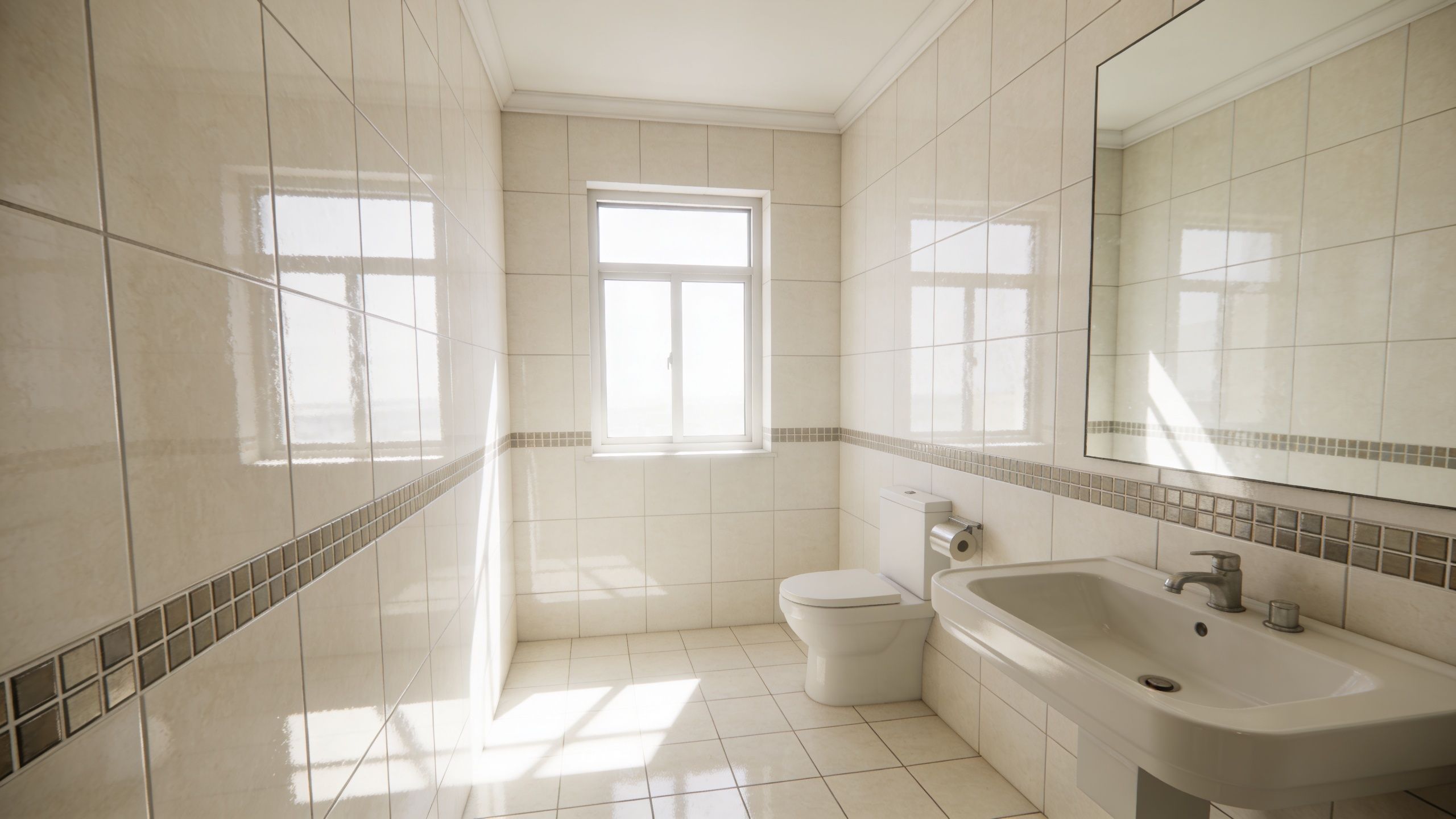 Et lyst og minimalistisk badeværelse med fliser, håndvask, toilet og et stort spejl med naturligt lysindfald.