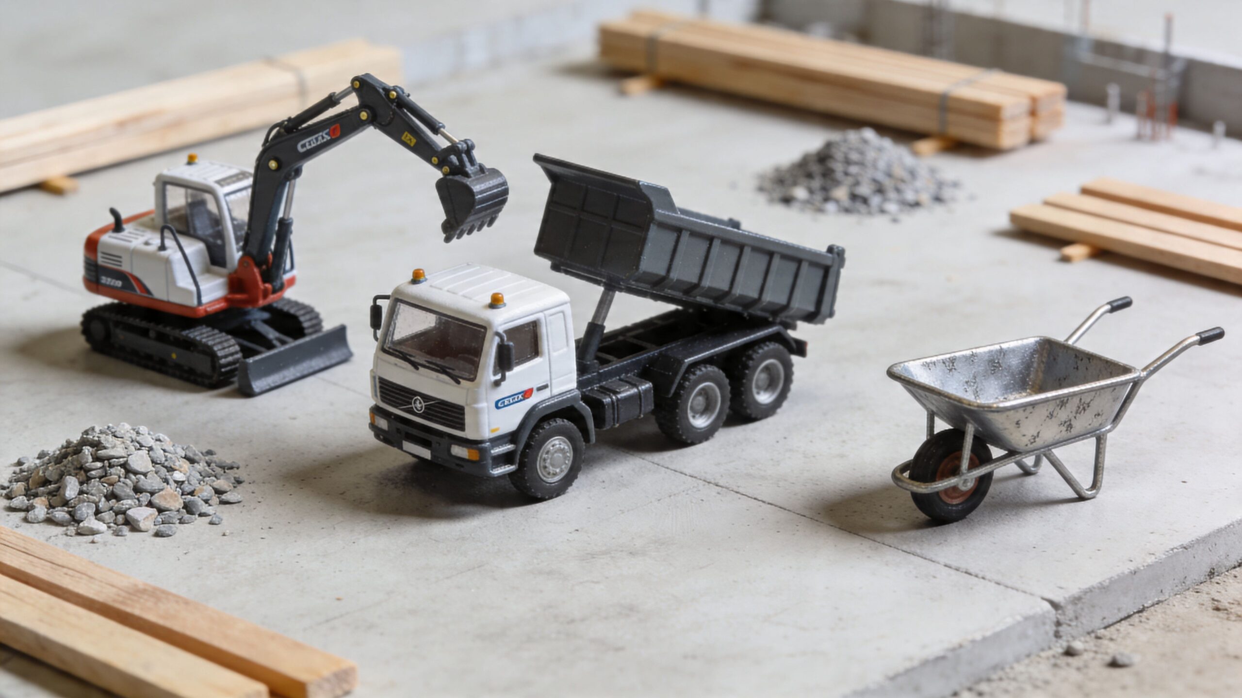 En legetøjsgravemaskine og en dumpervogn på en byggeplads med træplanker og grus klar til byggeri.