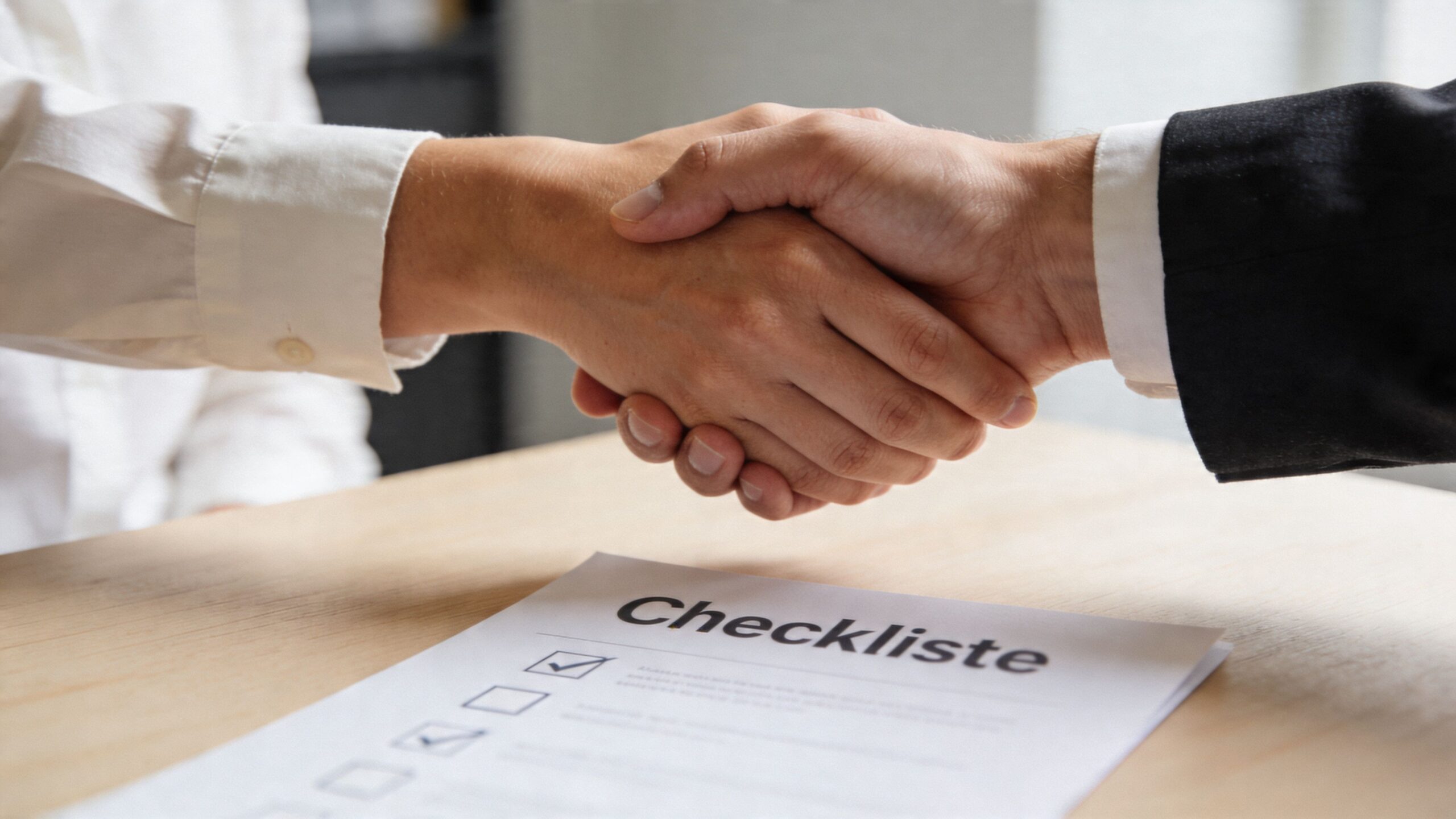 To forretningsfolk der giver hinanden hånd over en tjekliste på et bord efter indgået aftale