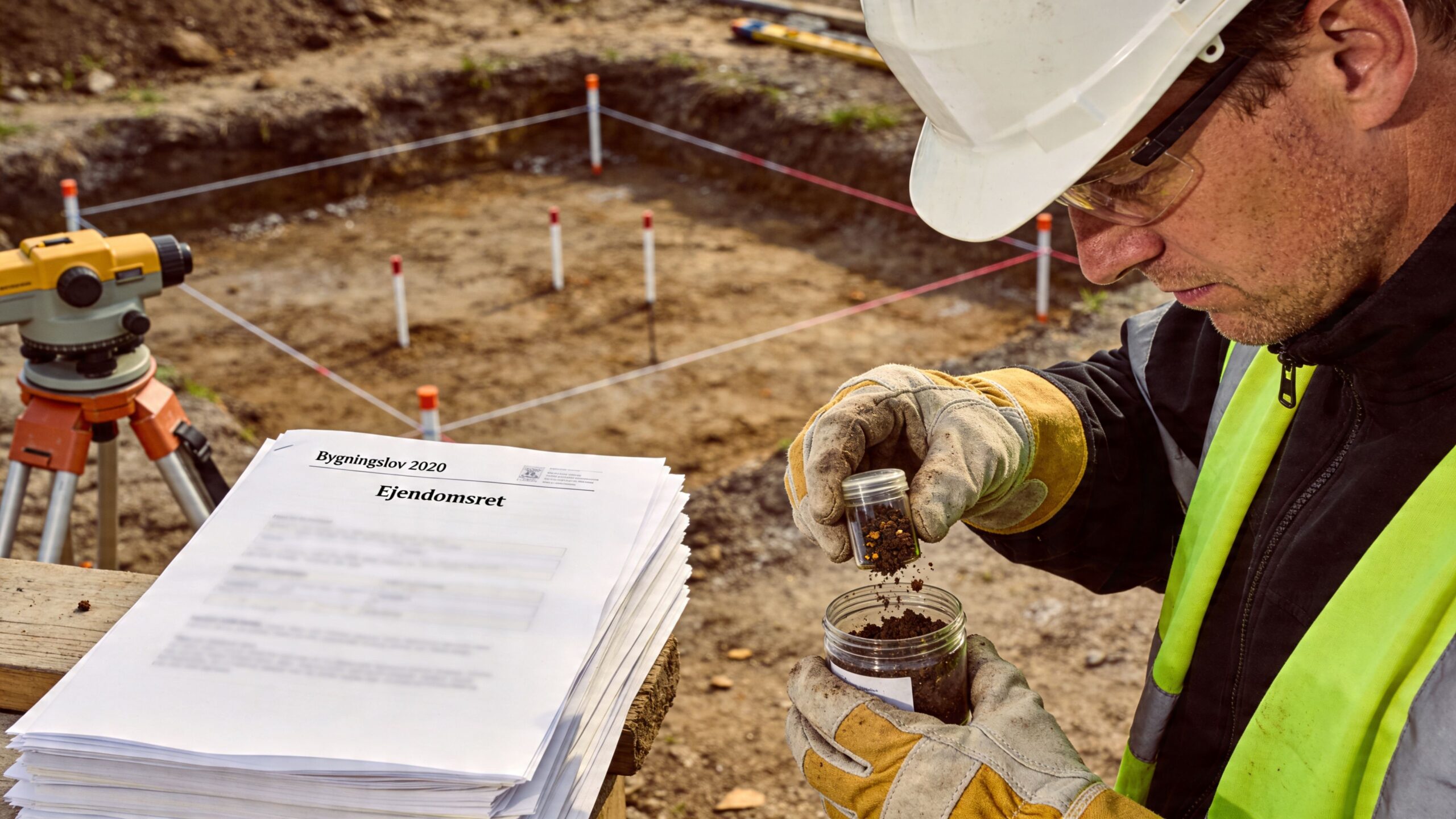 Byggeleder tager jordprøver fra en byggeplads til analyse i forbindelse med jordarbejde og miljøvurdering.