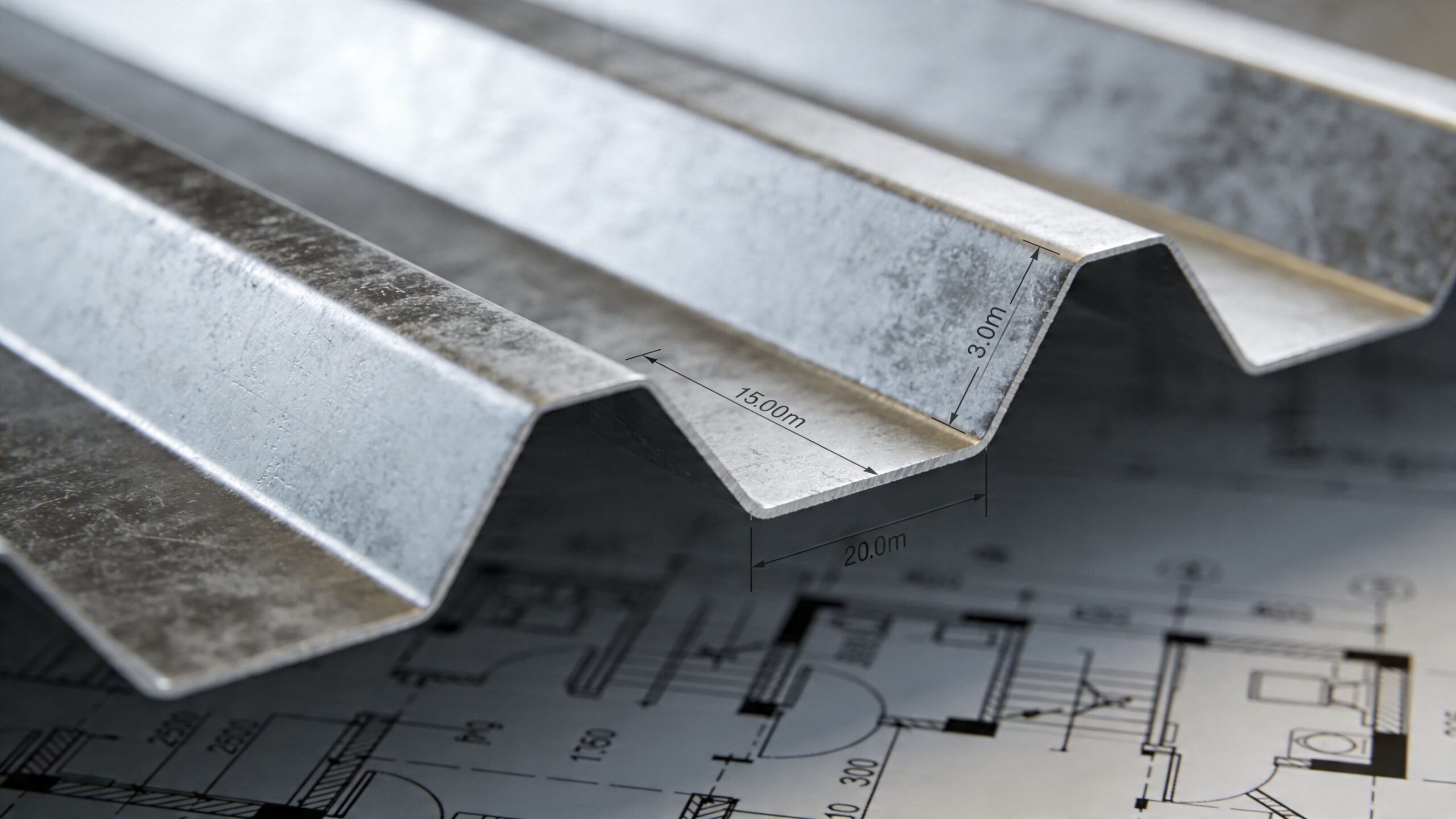 En profilformet stålplade placeret oven på en arkitekttegning med tekniske dimensioner angivet for konstruktionen.