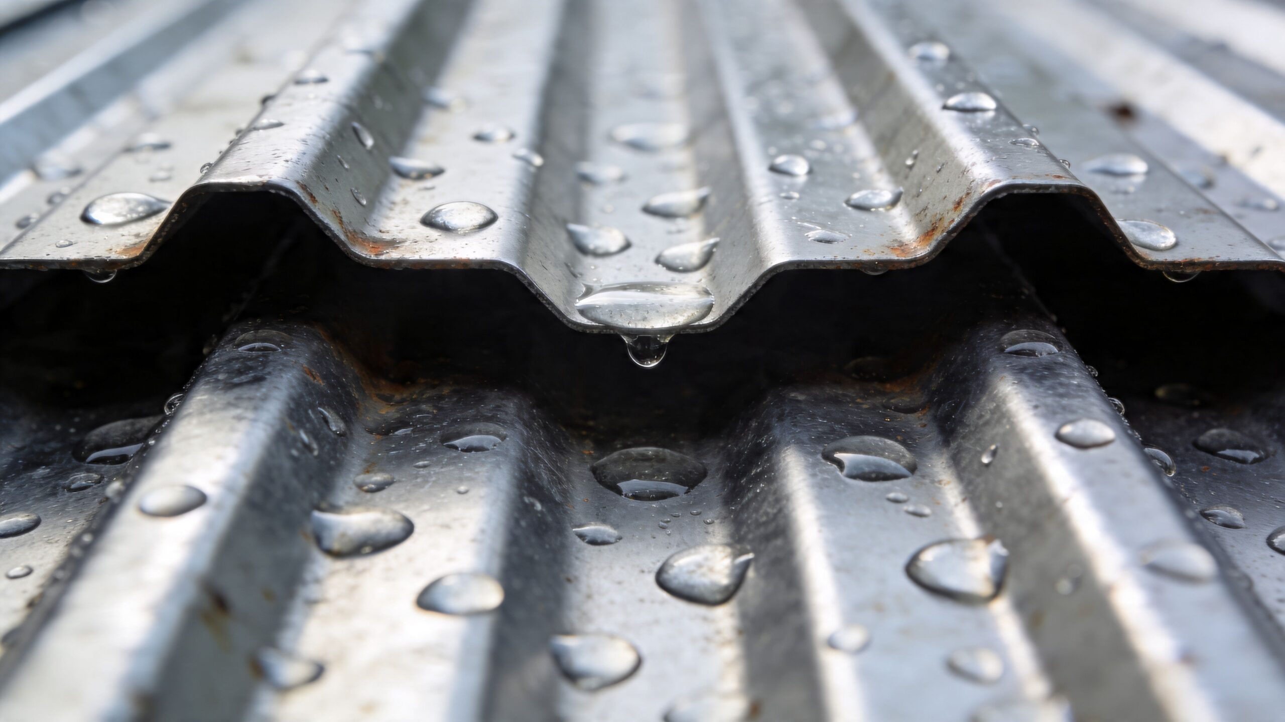 Nærbillede af regndråber på en bølget stålplade til tag, der viser vanddråber, som hænger fra kanten.