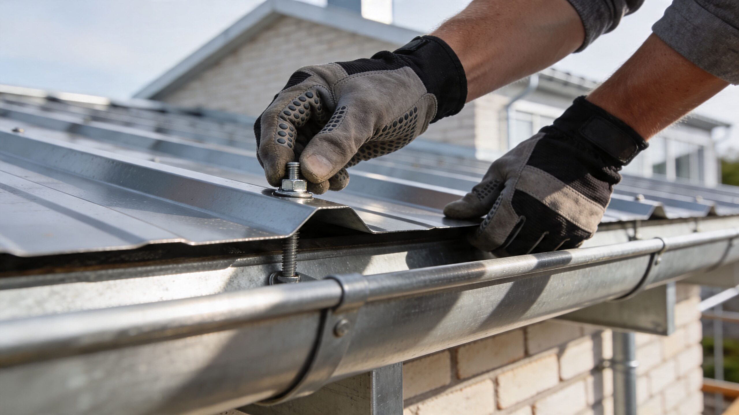 En håndværker med arbejdshandsker monterer beslag og skruer på et tag med bølgeformede stålplader ved tagrenden.