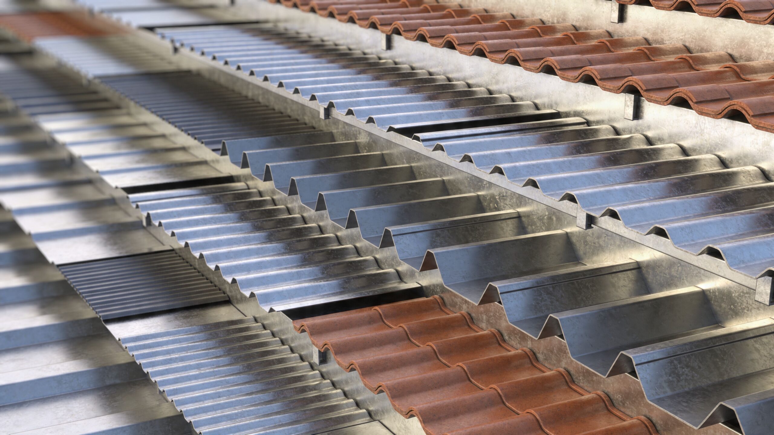 Et nærbillede af forskellige typer metal- og tagplader til tagbelægning i en moderne arkitektonisk sammenhæng.
