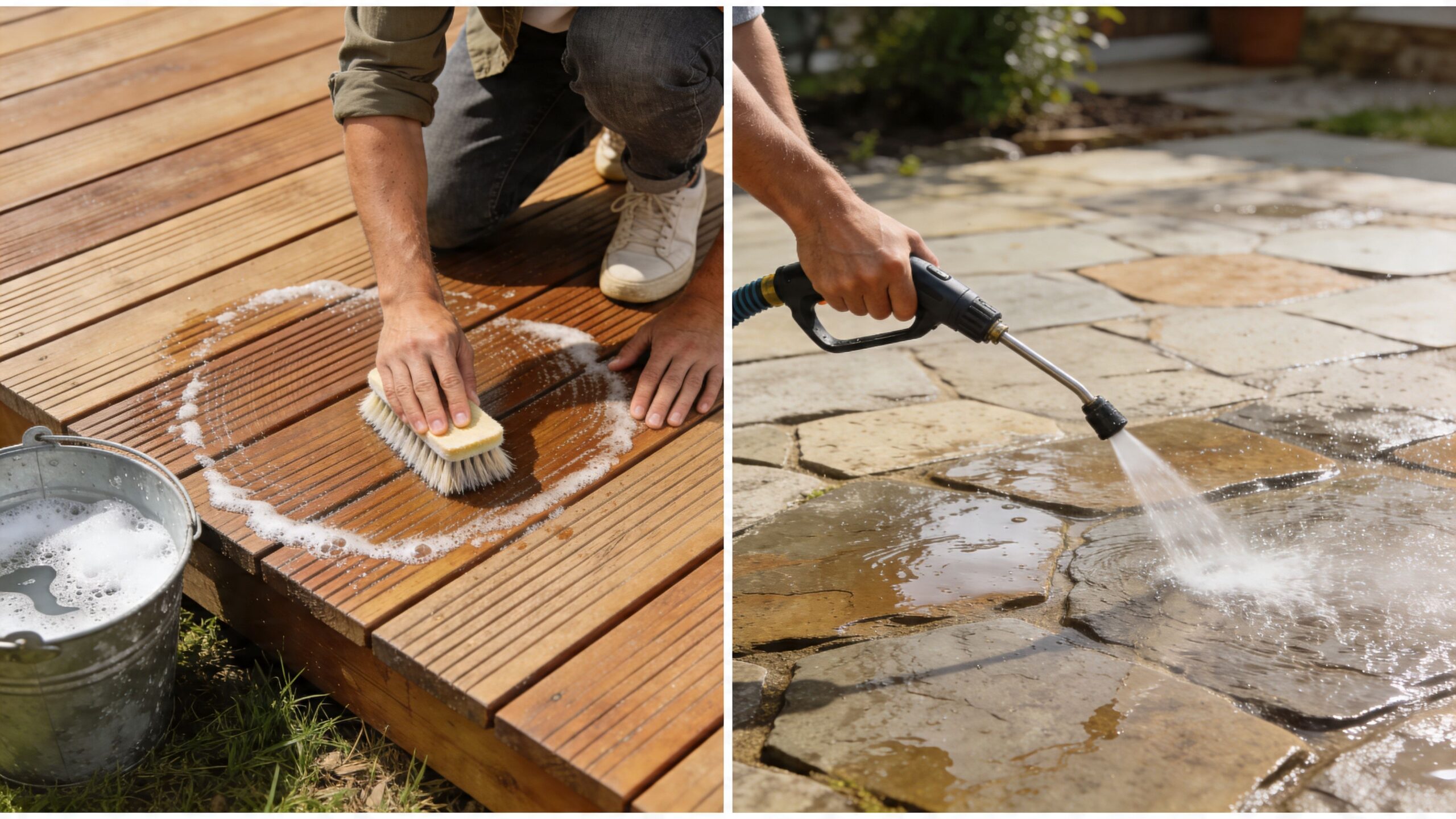 En person skrubber en træterrasse med en børste, mens en anden bruger en højtryksrenser på fliser.