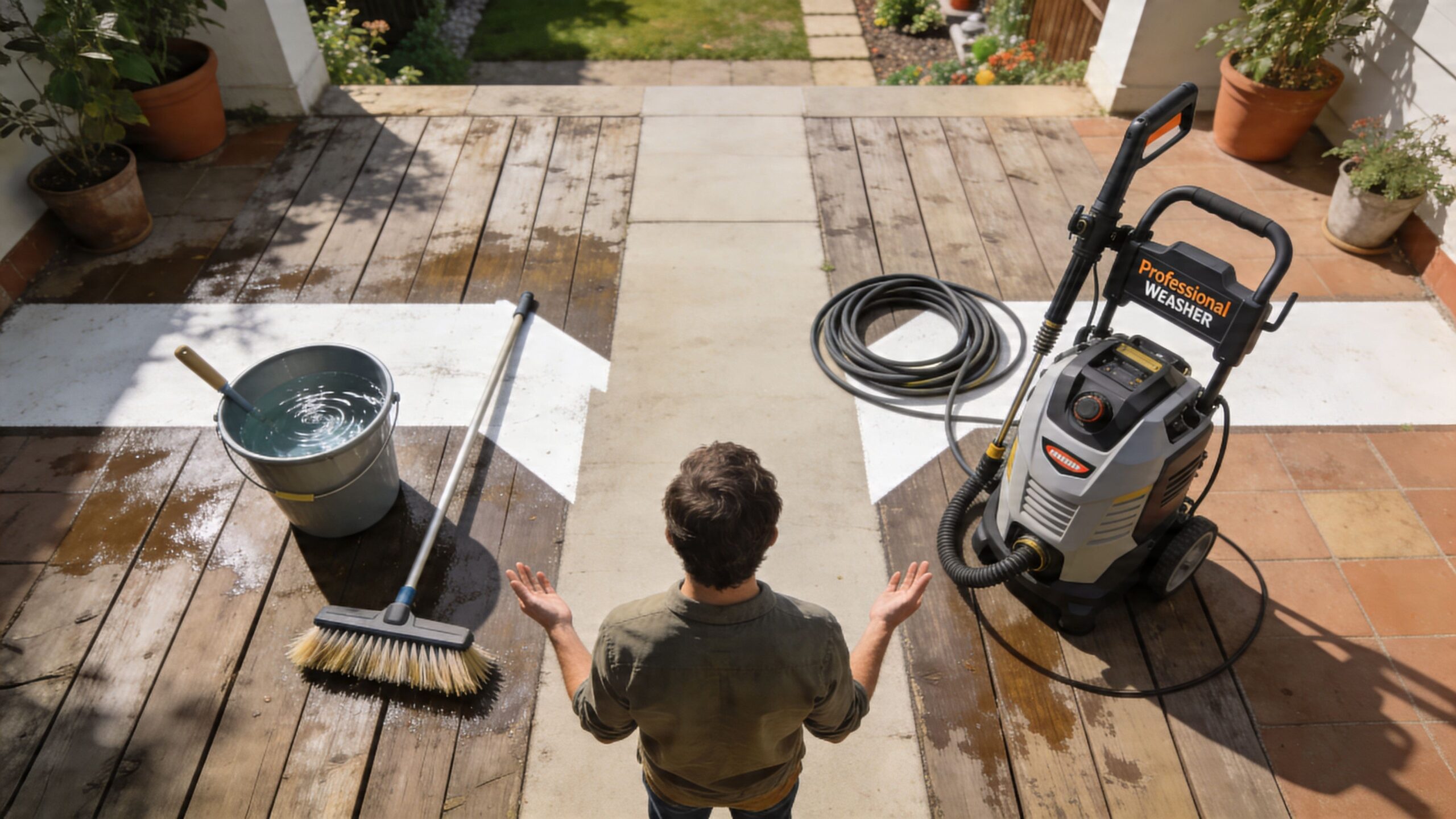 En mand står foran en beskidt terrasse, der skal rengøres med en højtryksrenser, kost og vandspand.