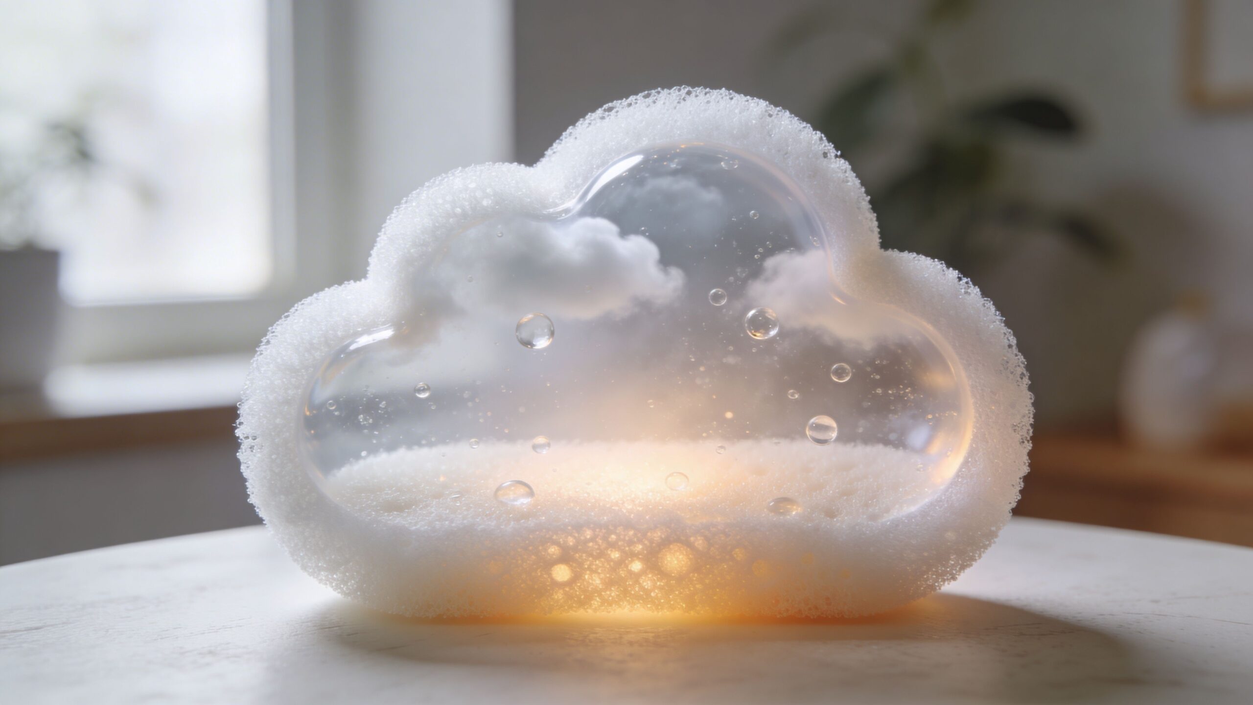 En dekorativ lampe formet som en gennemsigtig sky med bobler, der skaber en hyggelig og rolig atmosfære indendørs.