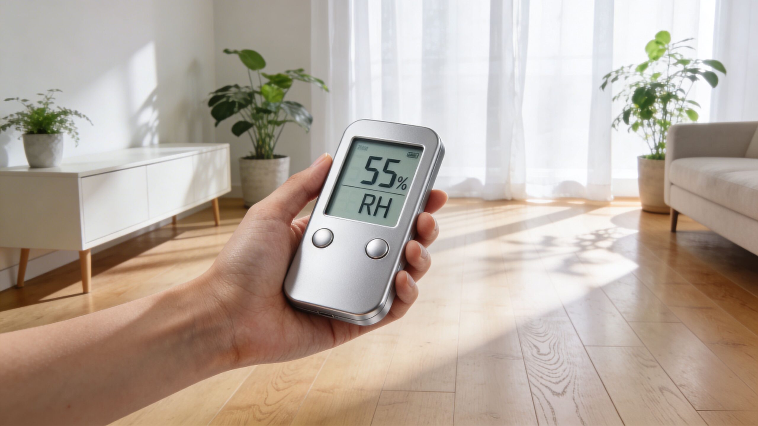 En hånd holder et digitalt hygrometer, der måler en luftfugtighed på 55 procent i en moderne stue.