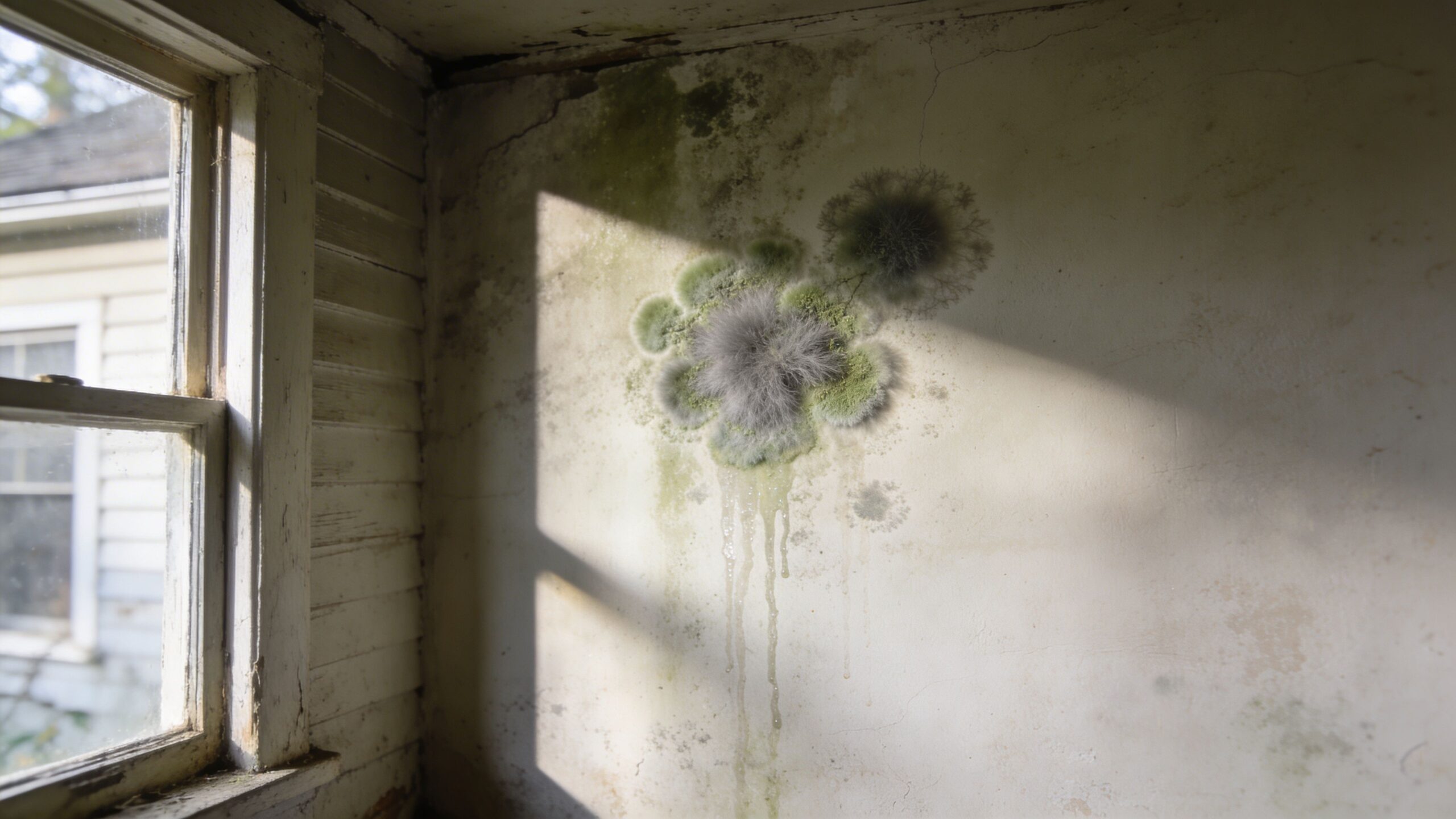 Skimmelvækst på en væg i et gammelt hus forårsaget af for høj luftfugtighed og manglende ventilation.