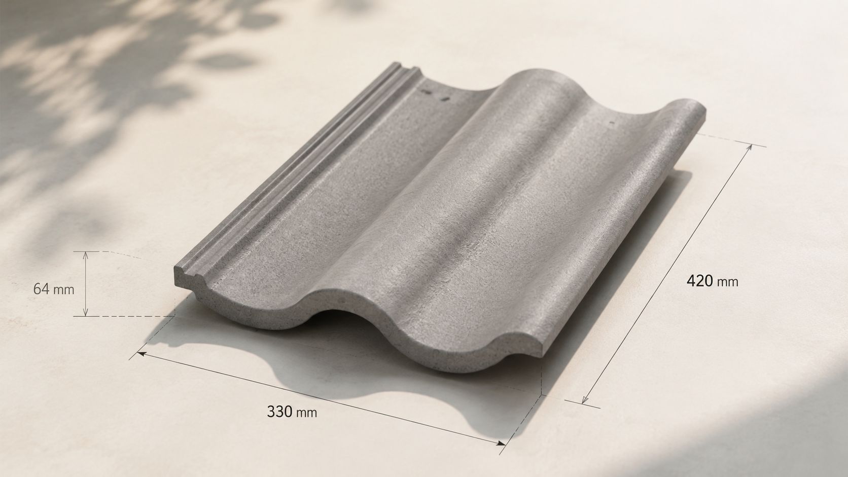 En grå tagsten af beton med tydelige målangivelser på 420 mm i længden og 330 mm i bredden.
