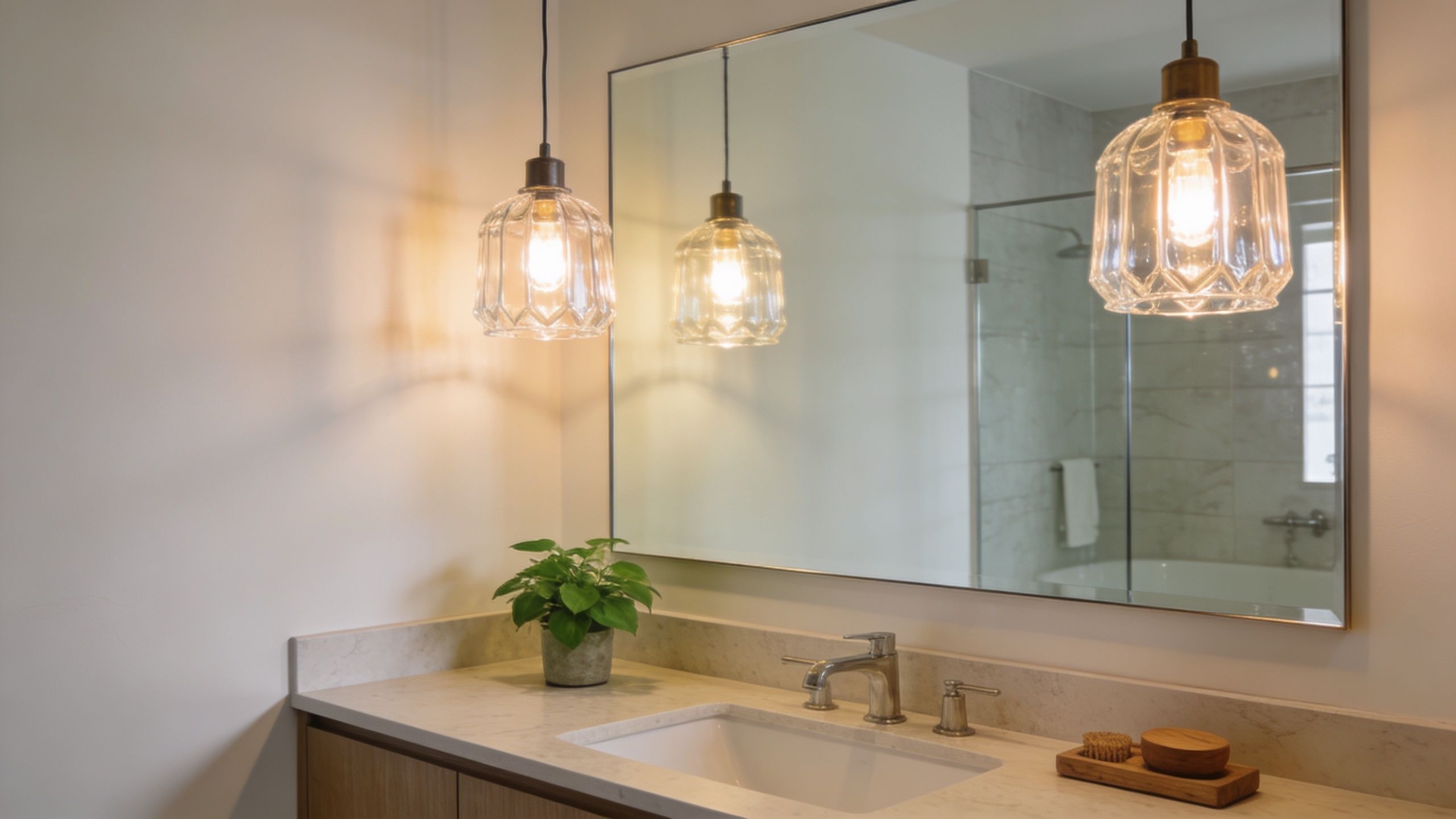 Et elegant badeværelsesspejl med moderne pendellamper, en håndvask, en potteplante og dekorative badetilbehør på en stenbordplade.
