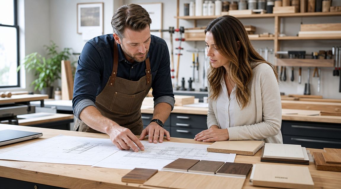En mandlig snedker og en kvindelig kunde gennemgår byggetegninger på et træbord i et professionelt værksted.