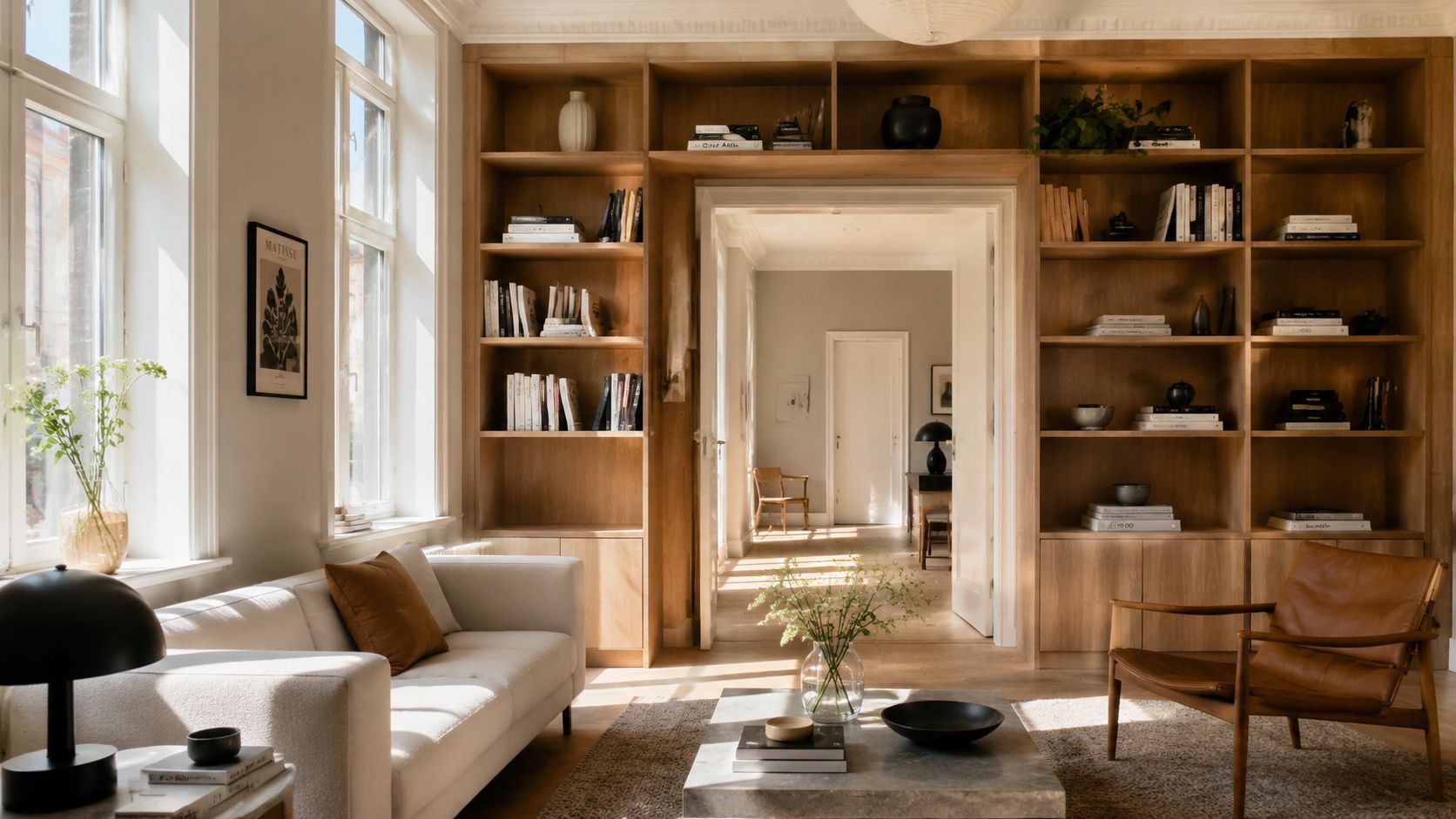 En elegant stue med indbygget snedkereret reolsystem i lyst træ, moderne møbler og et lyst, skandinavisk interiør.