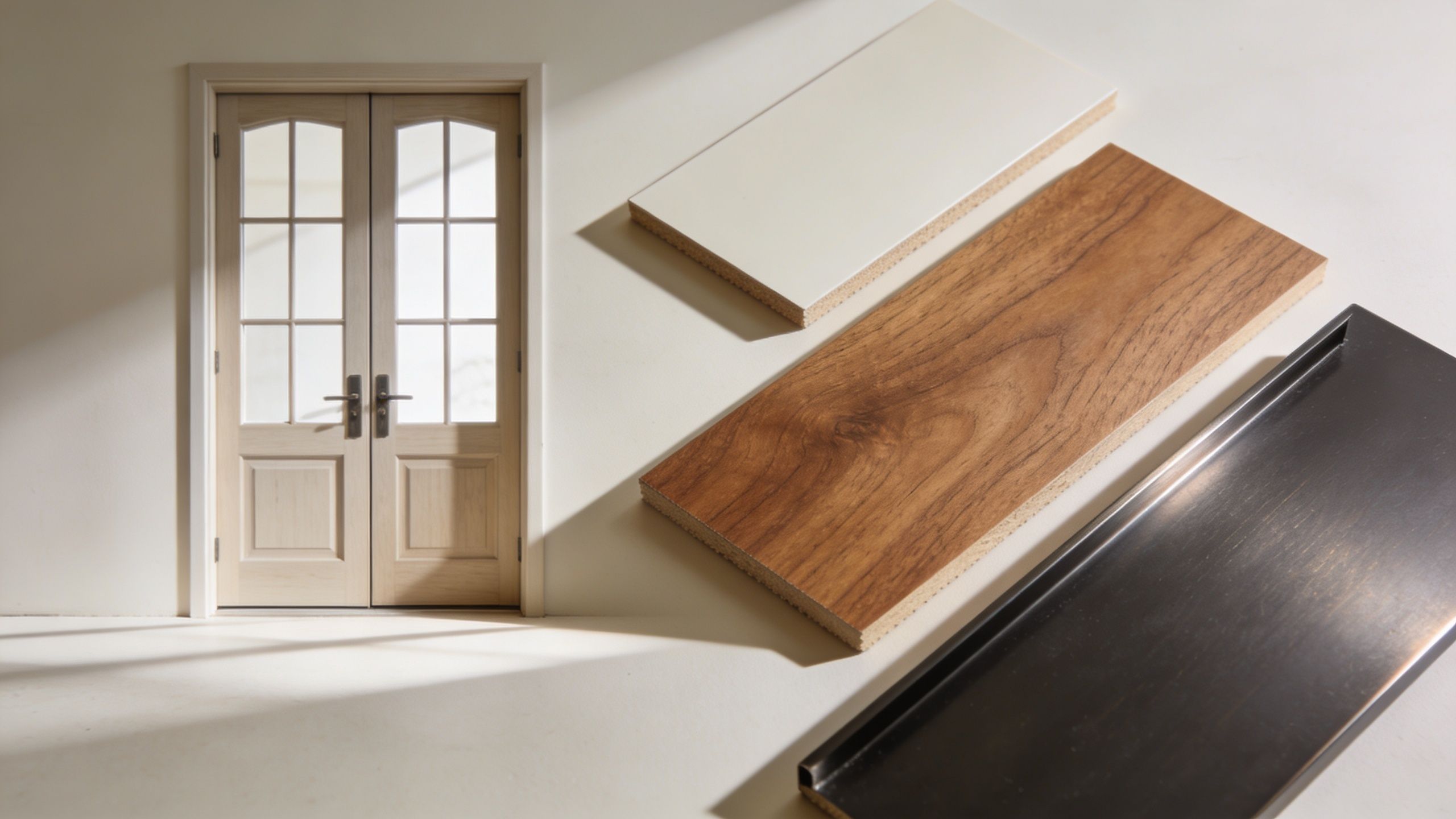 En elegant fransk dobbeltdør ved siden af forskellige træmaterialeprøver i et lyst og moderne rummiljø.