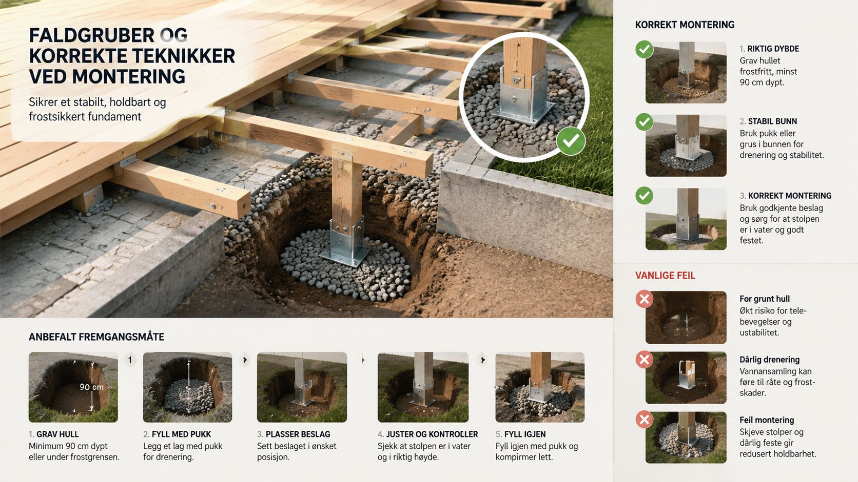 Illustrasjon av hvordan man korrekt monterer stolper til terrassefundament med riktig dybde, drenering og stabilitet.