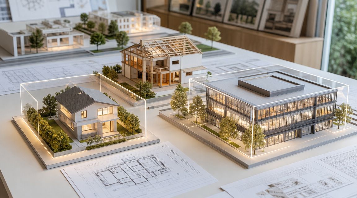 Arkitektmodeller af moderne huse og kontorbygninger placeret på et bord med detaljerede byggetegninger og plantegninger.