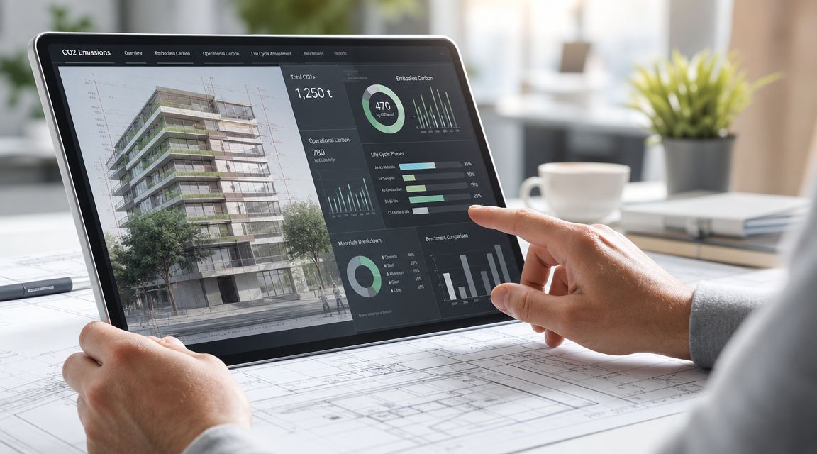 En person interagerer med en tablet, der viser data om CO2-emissioner og livscyklusvurdering for et byggeri.