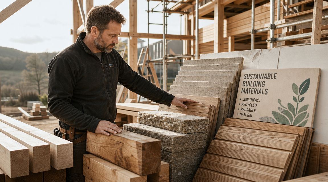 Byggeleder inspicerer bæredygtige byggematerialer på en byggeplads, der fokuserer på miljøvenlige og genanvendelige ressourcer til fremtidigt byggeri.