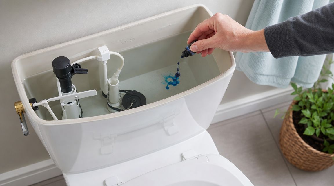 En person drypper blå farve i en toiletskyllekasse for at kontrollere om toilettet har en lækage.