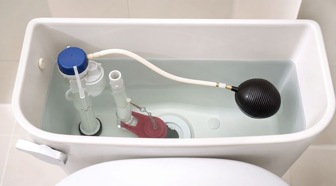 Et åbent toiletskyllecistern med en synlig flyder, skyllemekanisme og vand, der er klar til reparation.