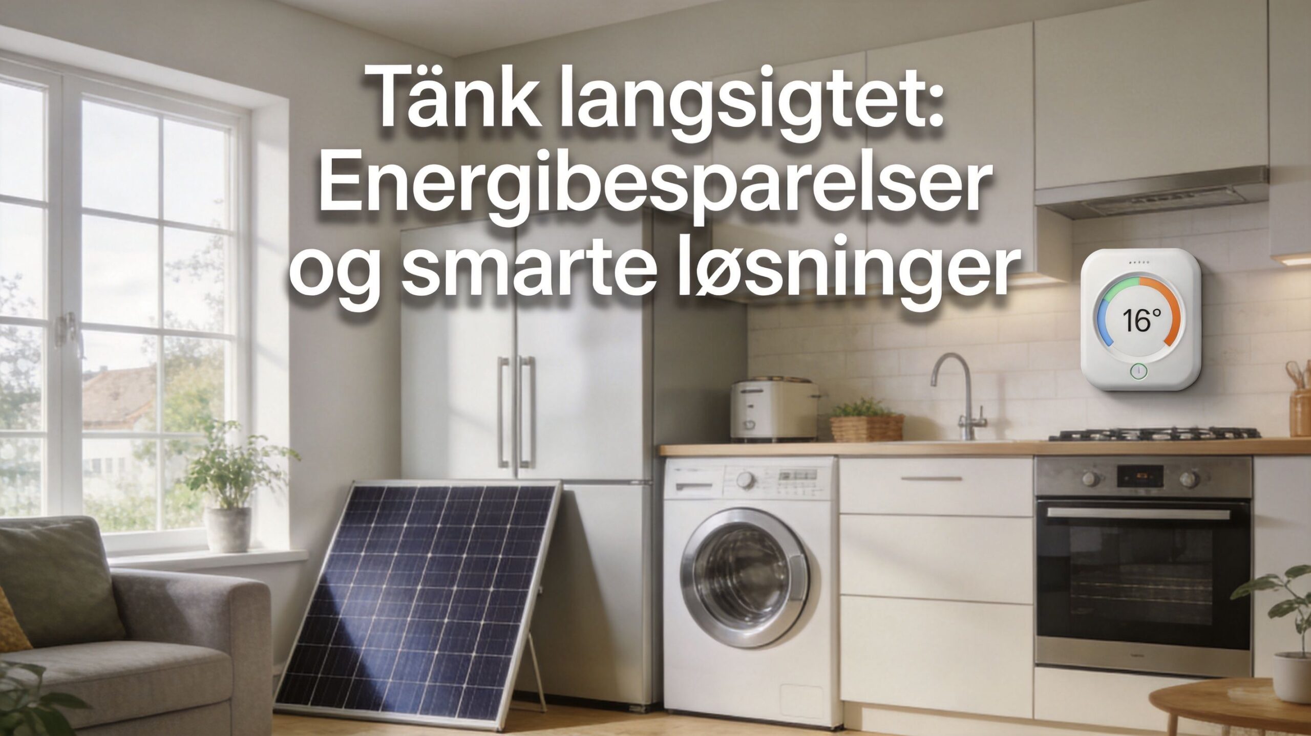 Et moderne køkken med solcellepanel, vaskemaskine og en smart termostat, der viser 16 grader til energibesparelse.