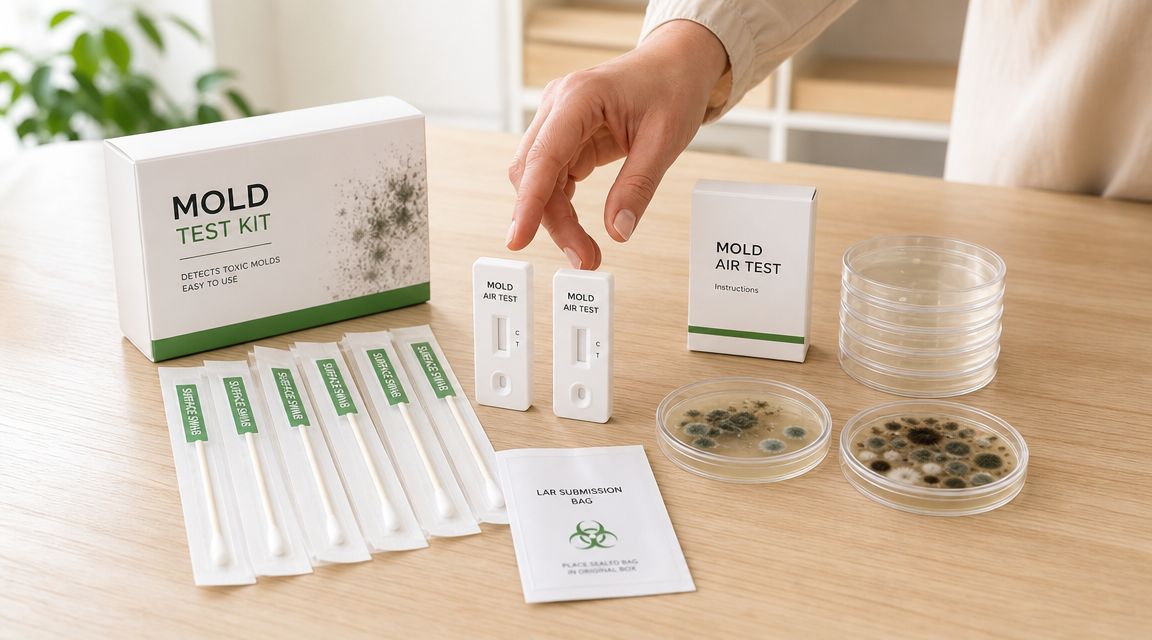 Et skimmelsvamp testkit på et bord med vatpinde, petriskåle og teststrimler til analyse af luft og overflader.