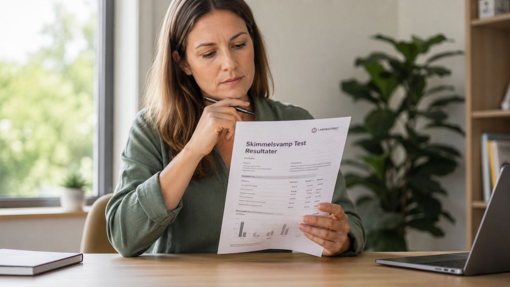 En kvinde sidder ved et skrivebord og læser en rapport med resultater fra en test for skimmelsvamp.