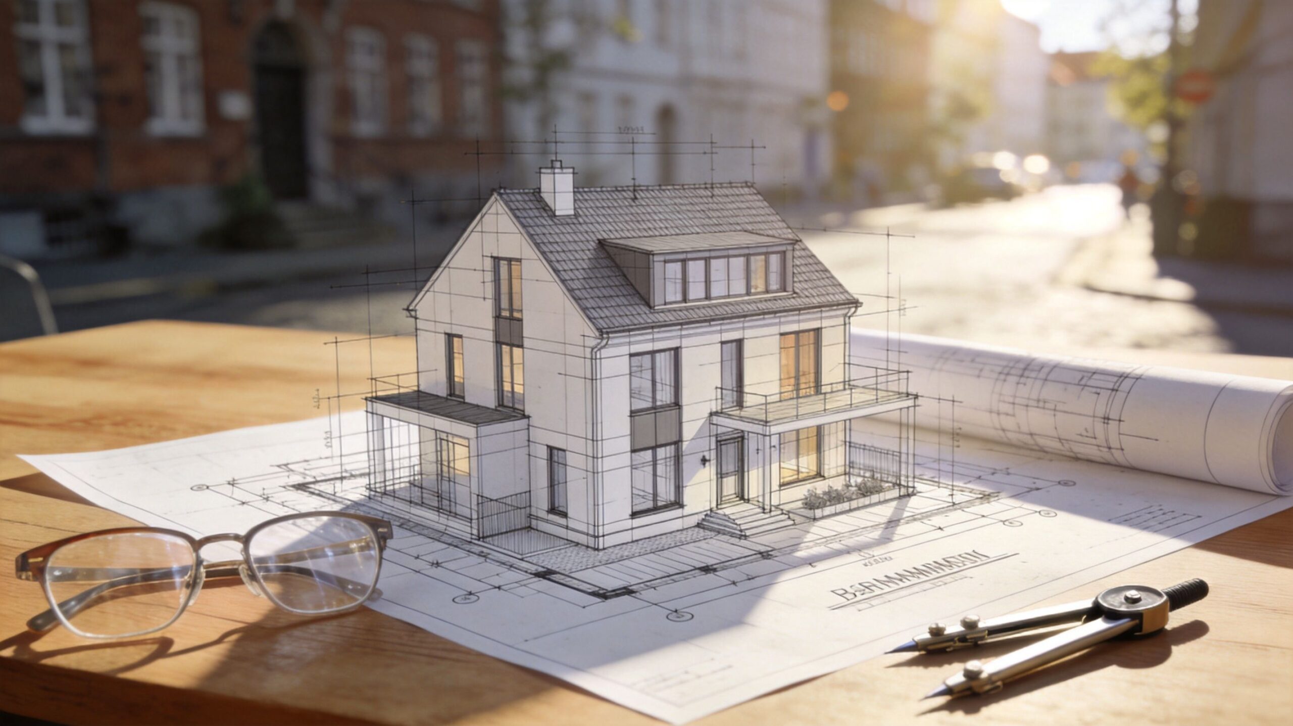 En detaljeret arkitekttegning af et hus placeret på et træbord med briller og en passer.
