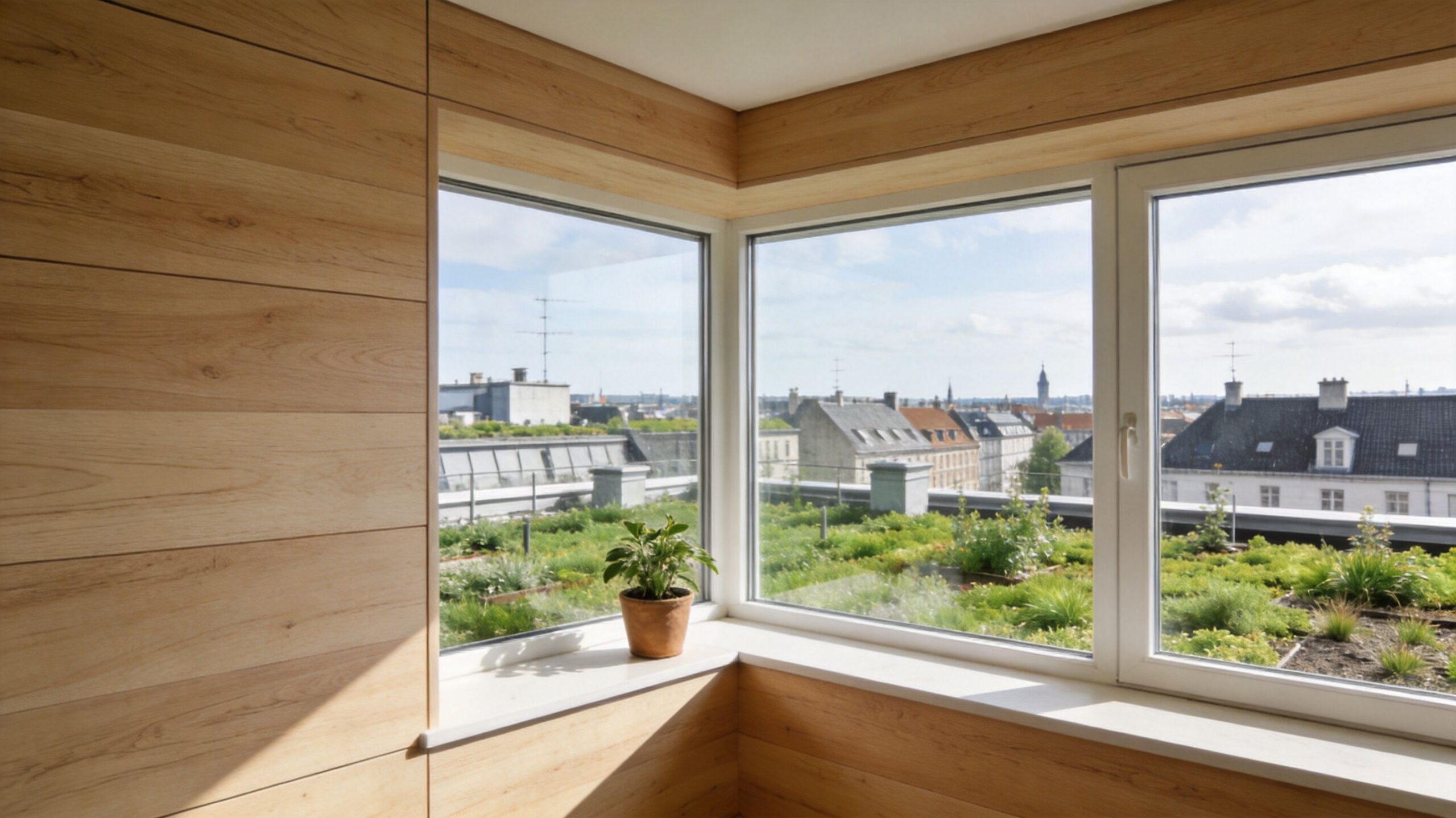 Moderne interiør med træpanelvægge og udsigt over en grøn tagterrasse i København med byens tage i baggrunden.