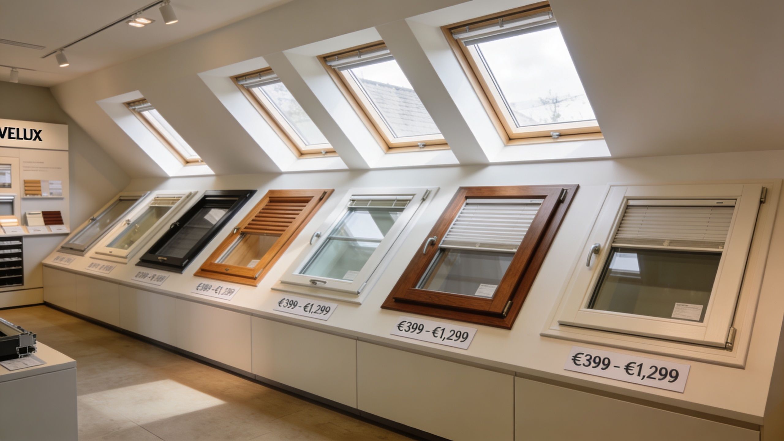 En række udstillede Velux tagvinduer med prisskilte i et moderne showroom med naturligt lysindfald fra ovenlysvinduer.