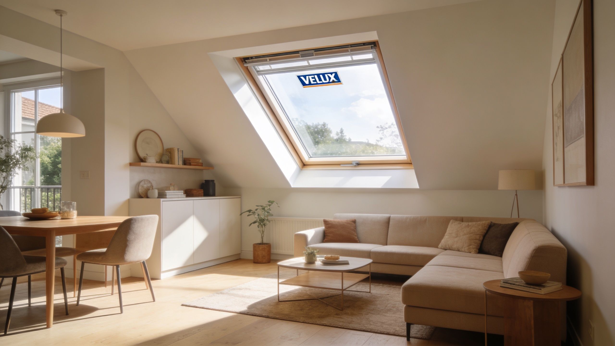 Hyggelig stue med skråvægge og et stort ovenlysvindue fra Velux, der giver masser af naturligt dagslys i rummet.