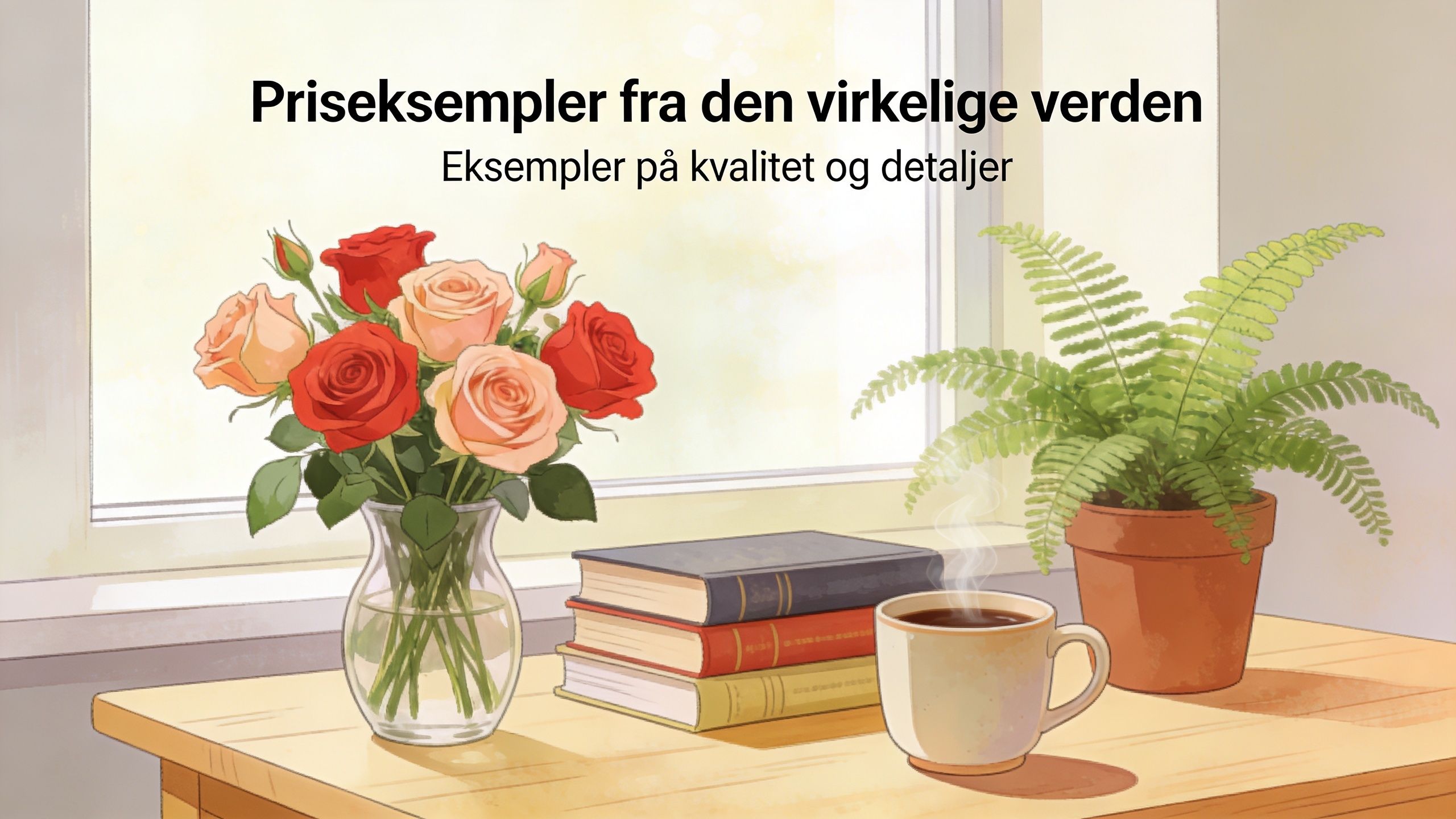 En buket roser, tre bøger og en kop kaffe placeret på et bord foran et lyst vindue.
