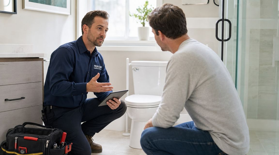 En professionel VVS-installatør taler med en boligejer om reparation af et toilet i et badeværelse.