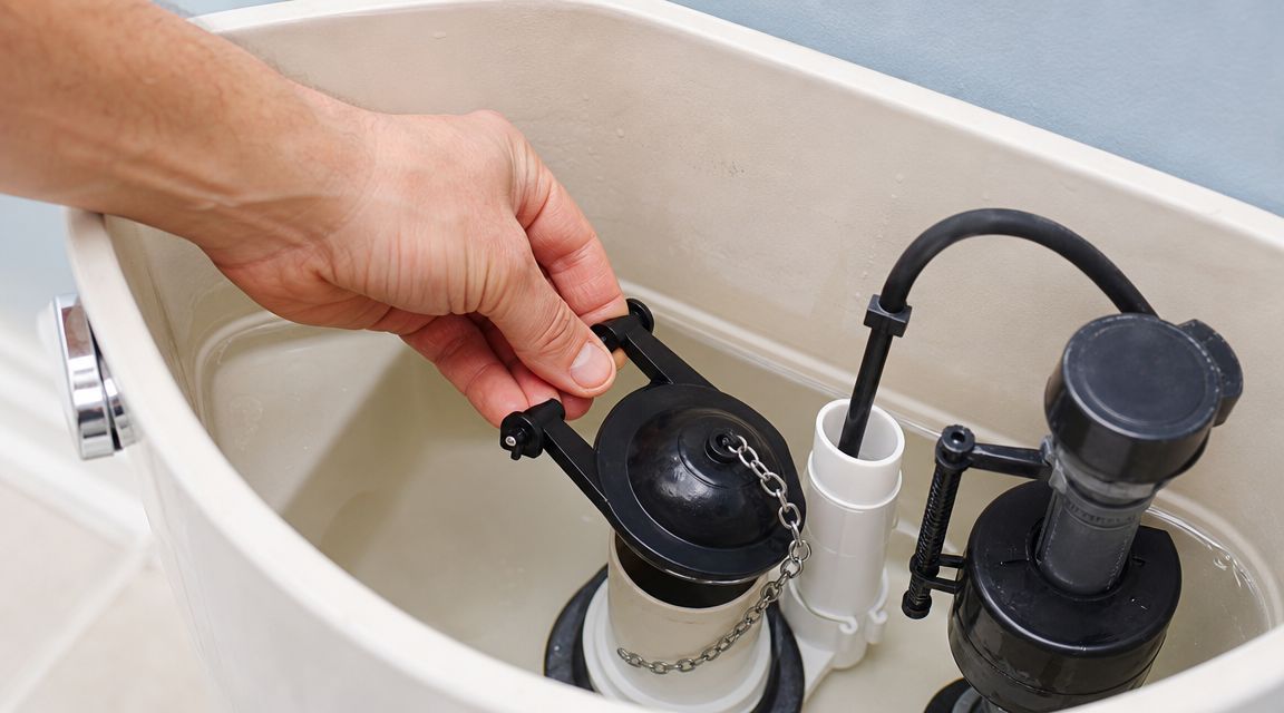 En hånd der justerer den sorte gummiklapper inde i en toiletcisterne for at reparere et løbende toilet.