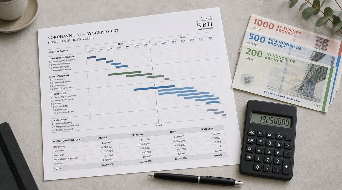 Tidsplan og budgetoversigt for Nordhavn Kaj byggeprojektet med lommeregner, kuglepen og danske pengesedler på et bord.
