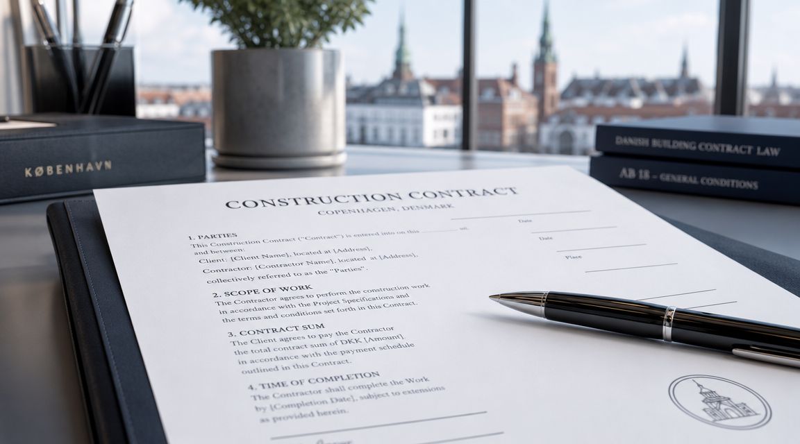 En byggekontrakt med en pen på et skrivebord med en bygning i baggrunden i København.