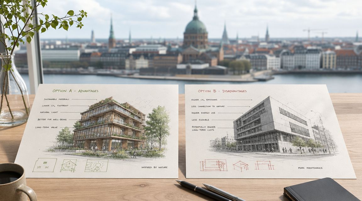 Skitser af to forskellige byggeprojekter med fokus på bæredygtige og traditionelle løsninger til totalentreprise i København.