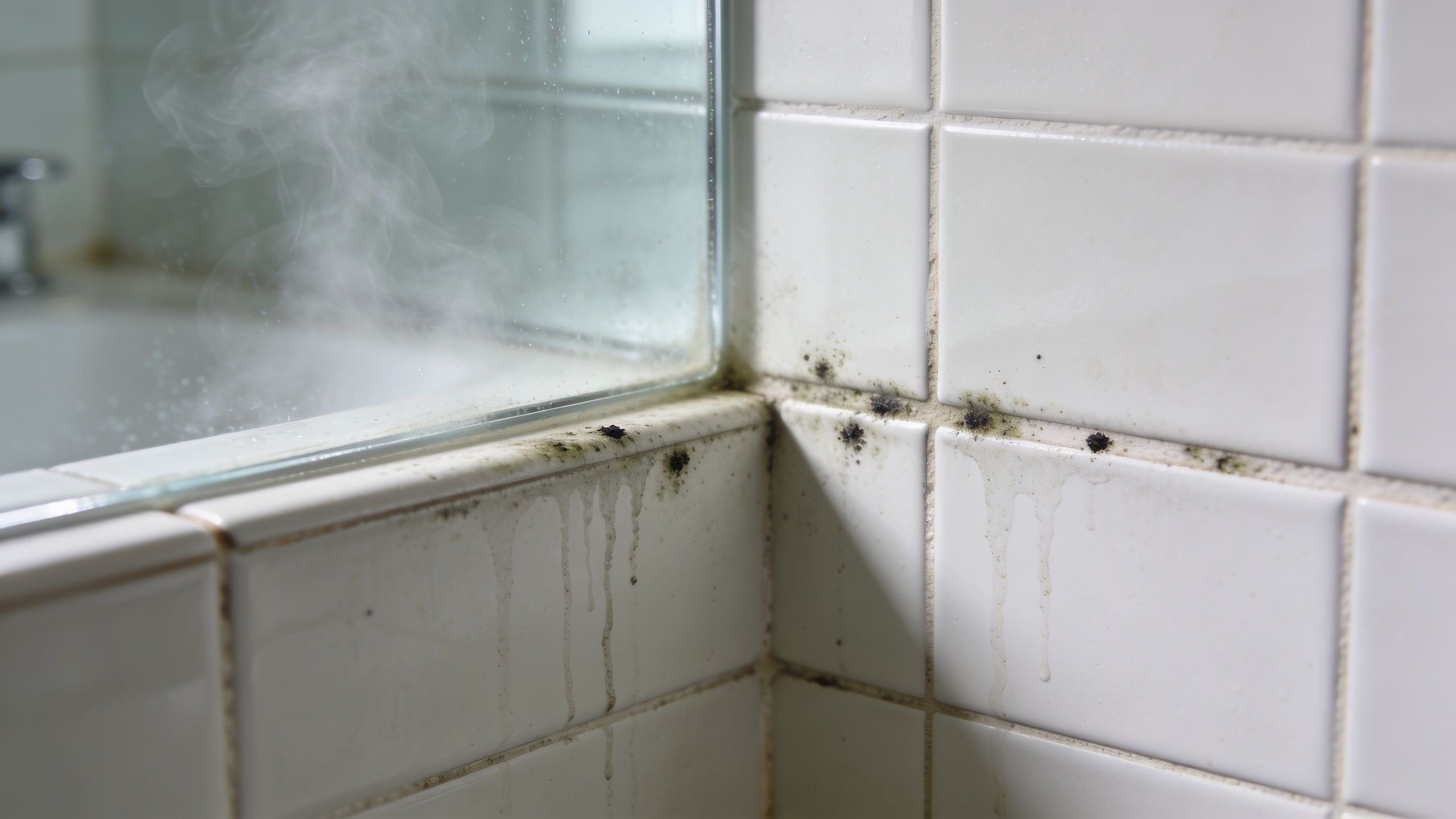 Sort skimmelsvamp der vokser i fugerne mellem hvide fliser på et badeværelse med damp fra bruseren.