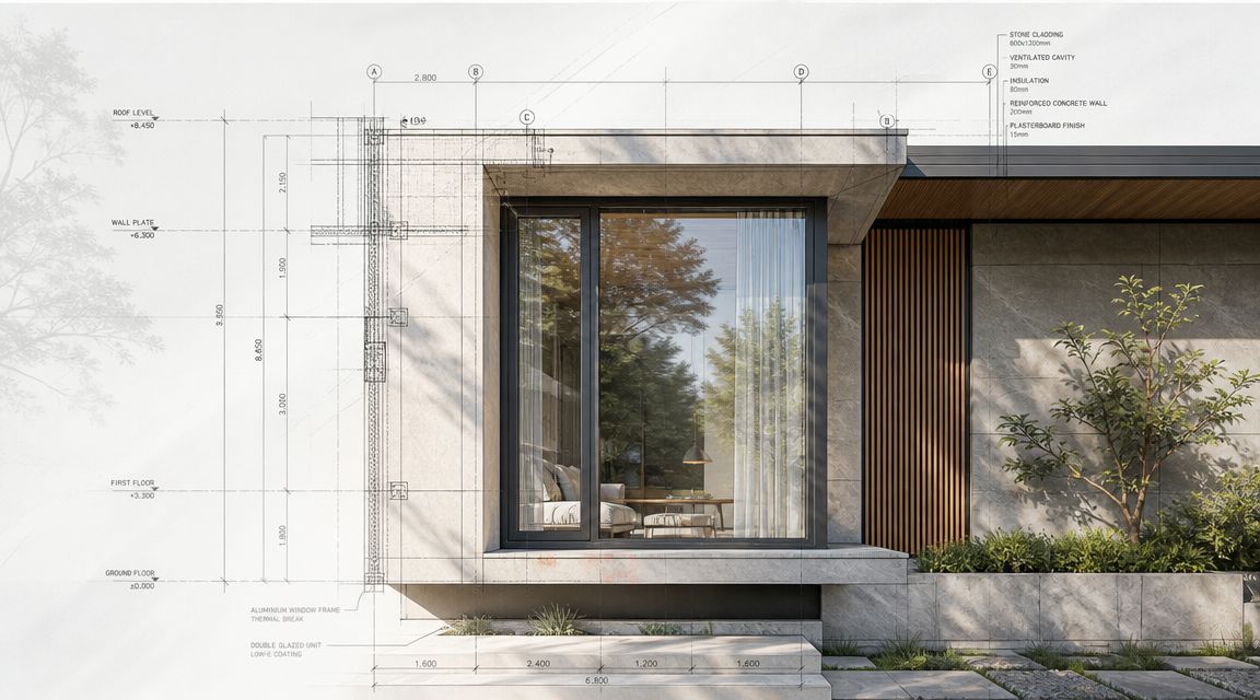 Arkitektonisk tegning af en moderne facade med integreret vindueskonstruktion, der viser detaljer om ventilation og materialevalg.