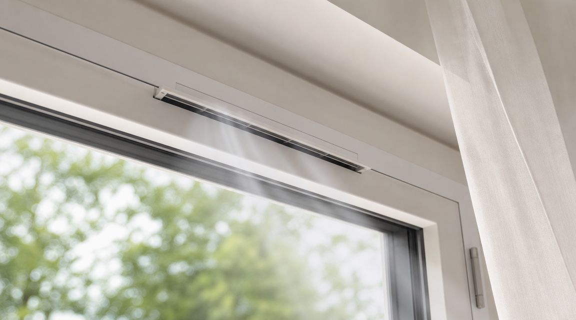 Et nærbillede af en ventilationsspalte monteret i toppen af et vindue, der sikrer frisk luft indendørs.